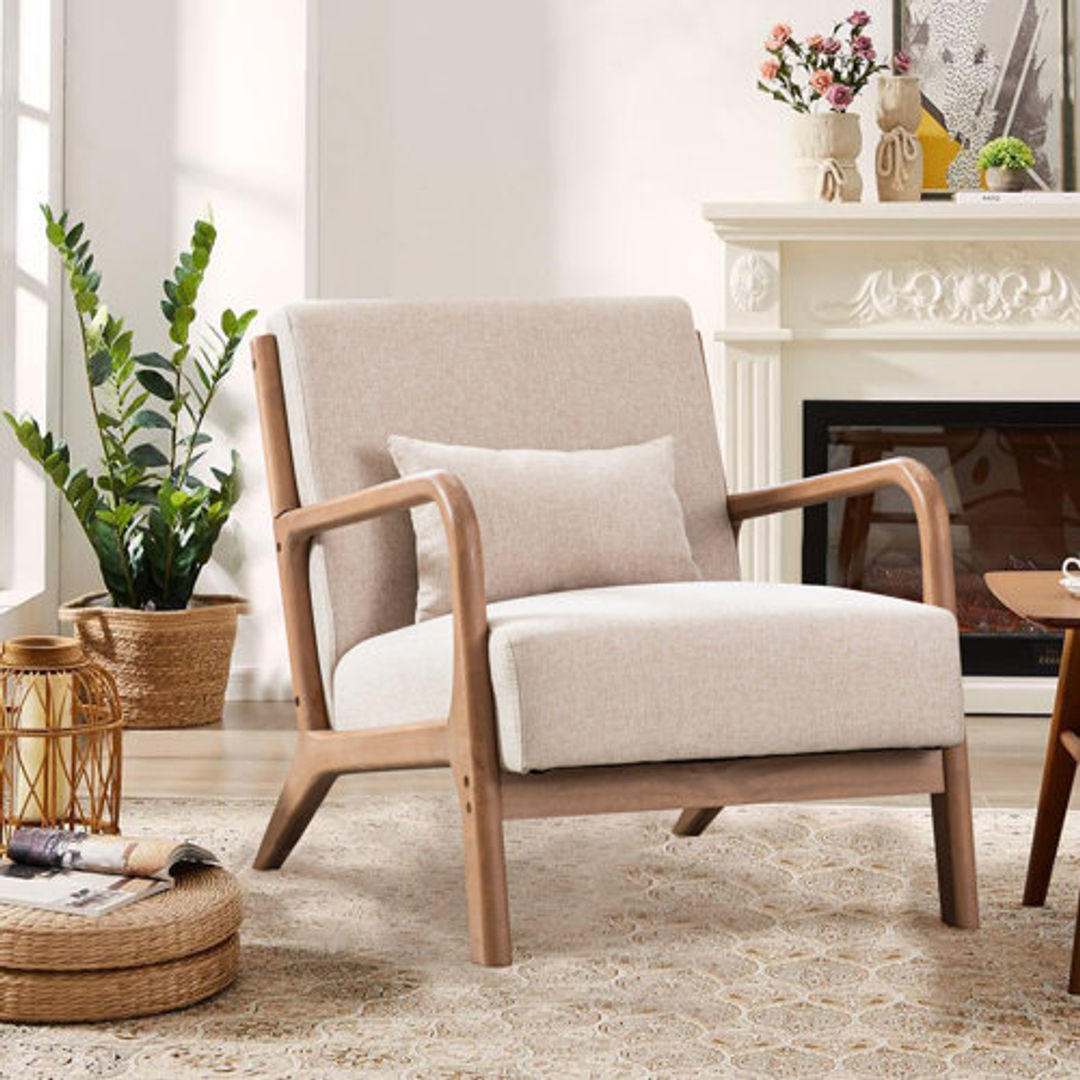 Hertford Upholstered Linen Blend Accent Chair with Wooden Legs and One Pillow