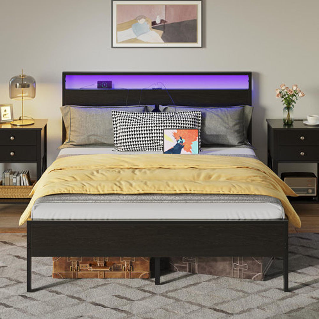 Deviana Metal Bed Frame with Headboard & Footboard and Charging Station, LED Light Included