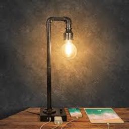 Industrial Table Lamp Vintage Bedside Lamp with 2 USB Port and AC Outlet Dimmable Steampunk Lamp Metal Pipe Edison Desk Lamp for Bedroom Living Room