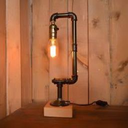Wrought Iron Black Table Lighting Water Pipe 1 Bulb Industrial Stylish Table Lamp with Wooden Base - 110V-120V Black