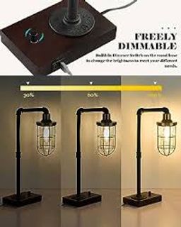 ELYONA Industrial Dimmable Desk Lamp, Steampunk Table Lamp with USB Type-C Charging Port & Industrial Dome Pendant Light with Hammered Metal Shade for