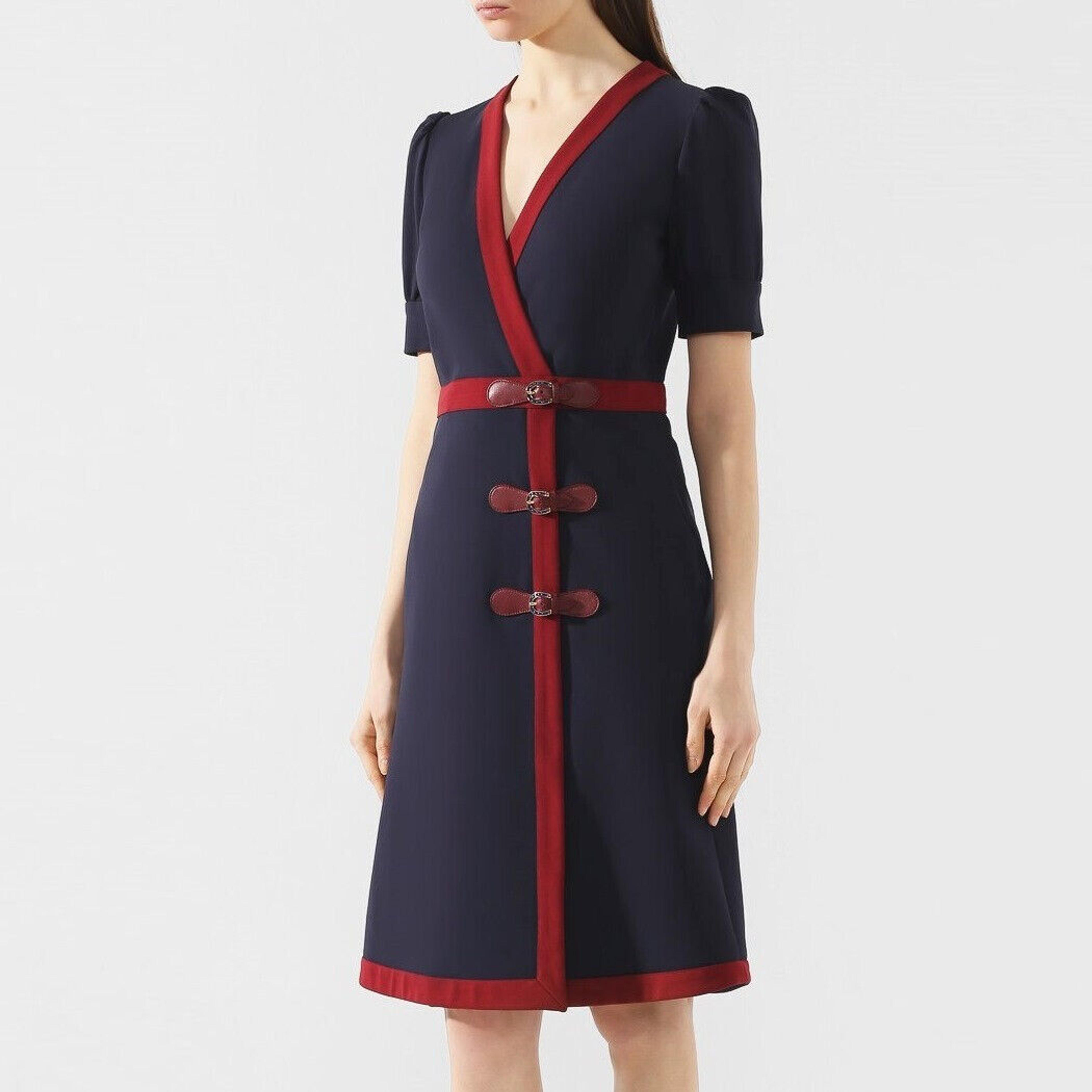 GUCCI+598884+XJB8L+Red+Trim+Dress+Horseshoe+Buckle+Stretch+Jersey+Navy+it42+S+M for sale online | eBay