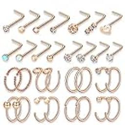 Hypoallergenic 20G Nose Ring Hoop Surgical Steel L-Shaped Nose Rings Studs Screw Nose Piercing Jewelry Hoop Nose rings for Women(gold silver black colored)