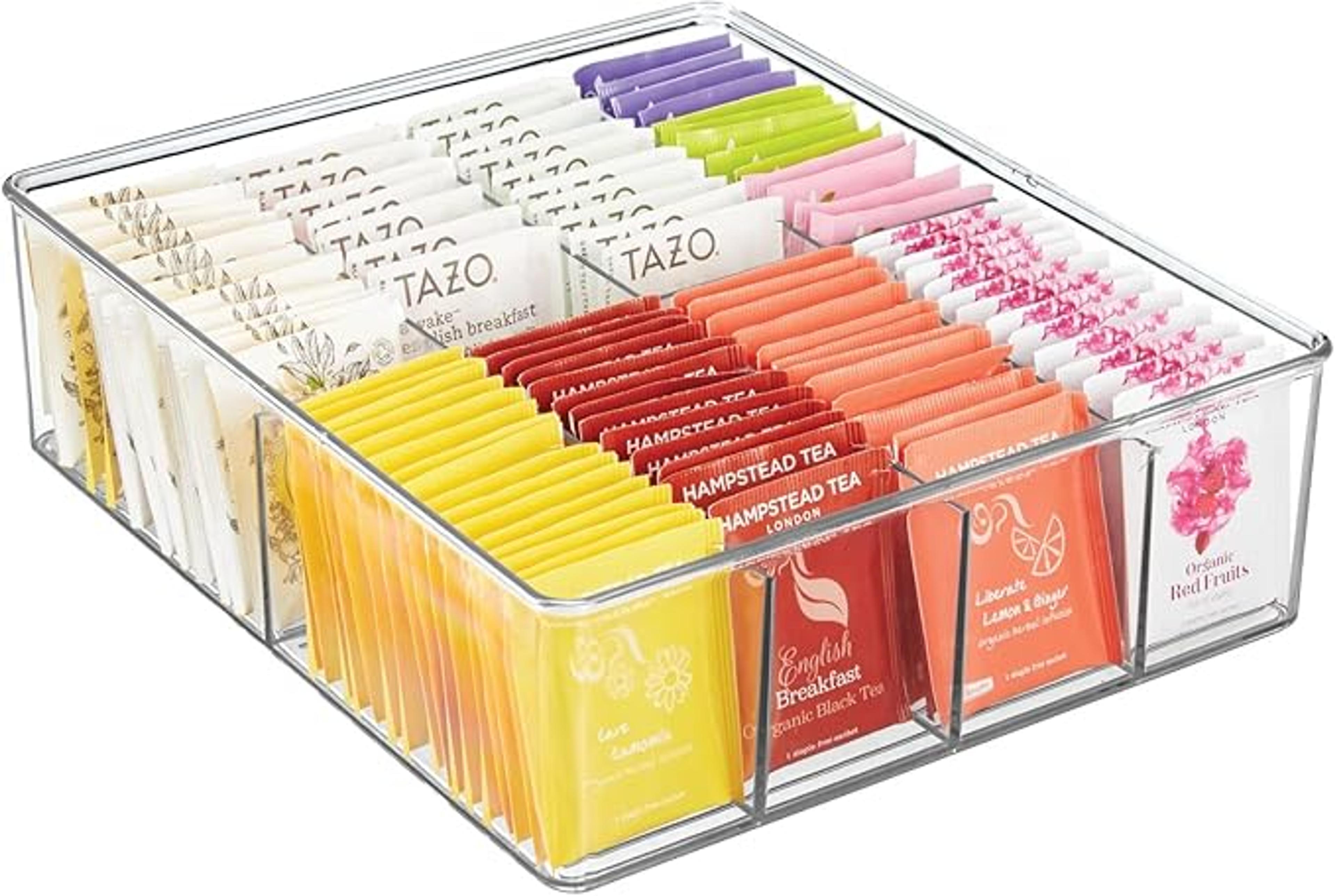 Amazon.com: mDesign Plastic Extra Wide Storage Organizer Bin Box for Kitchen, Pantry, Cabinet, Countertop - Tea Bag, Sugar Packet, Coffee Snack, Condiment Holder, 8 Sections - Ligne Collection - Clear : Home & Kitchen