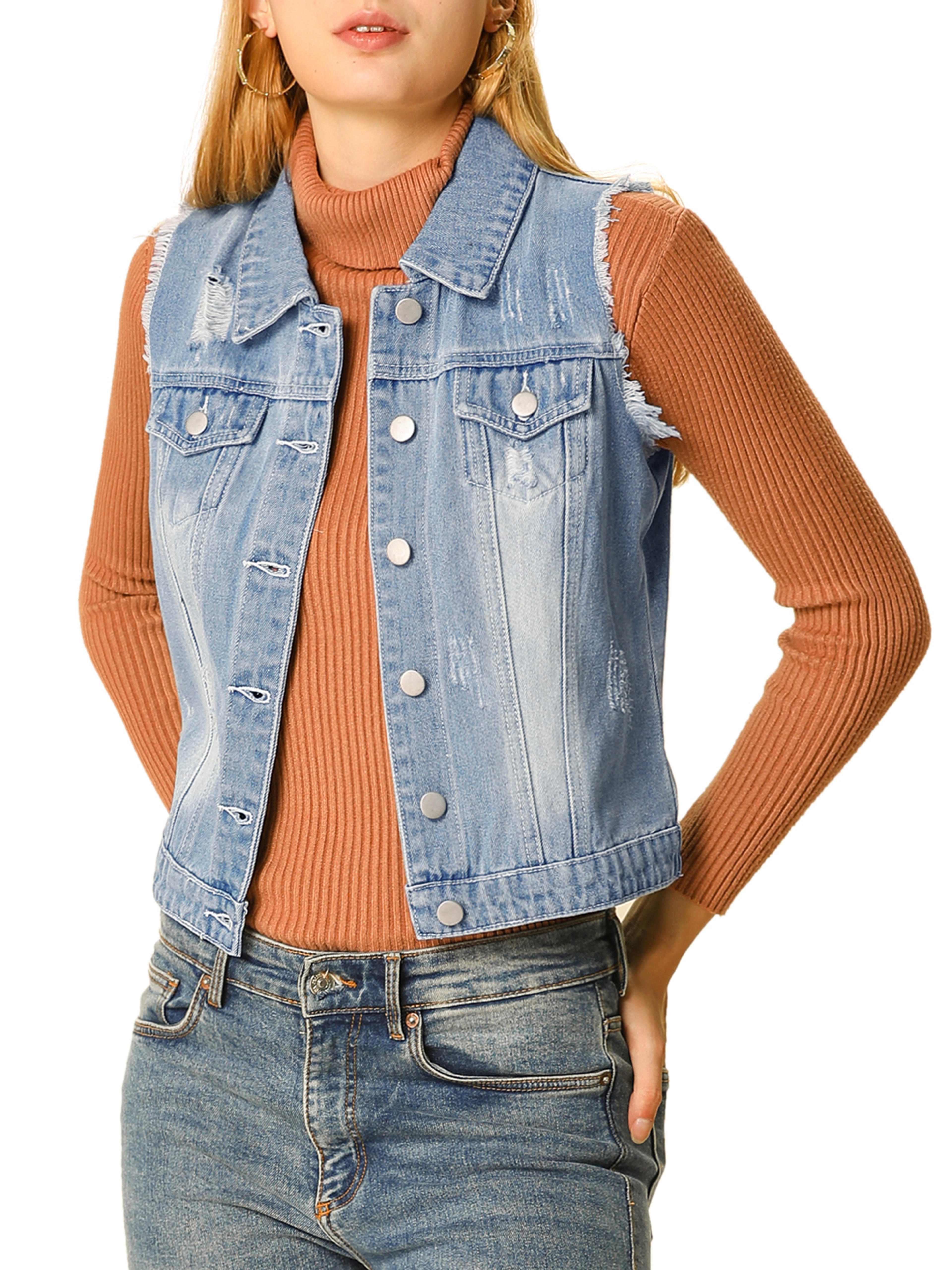 Unique Bargains Women's Sleeveless Button Closure Denim Washed Vest Jacket - Walmart.com
