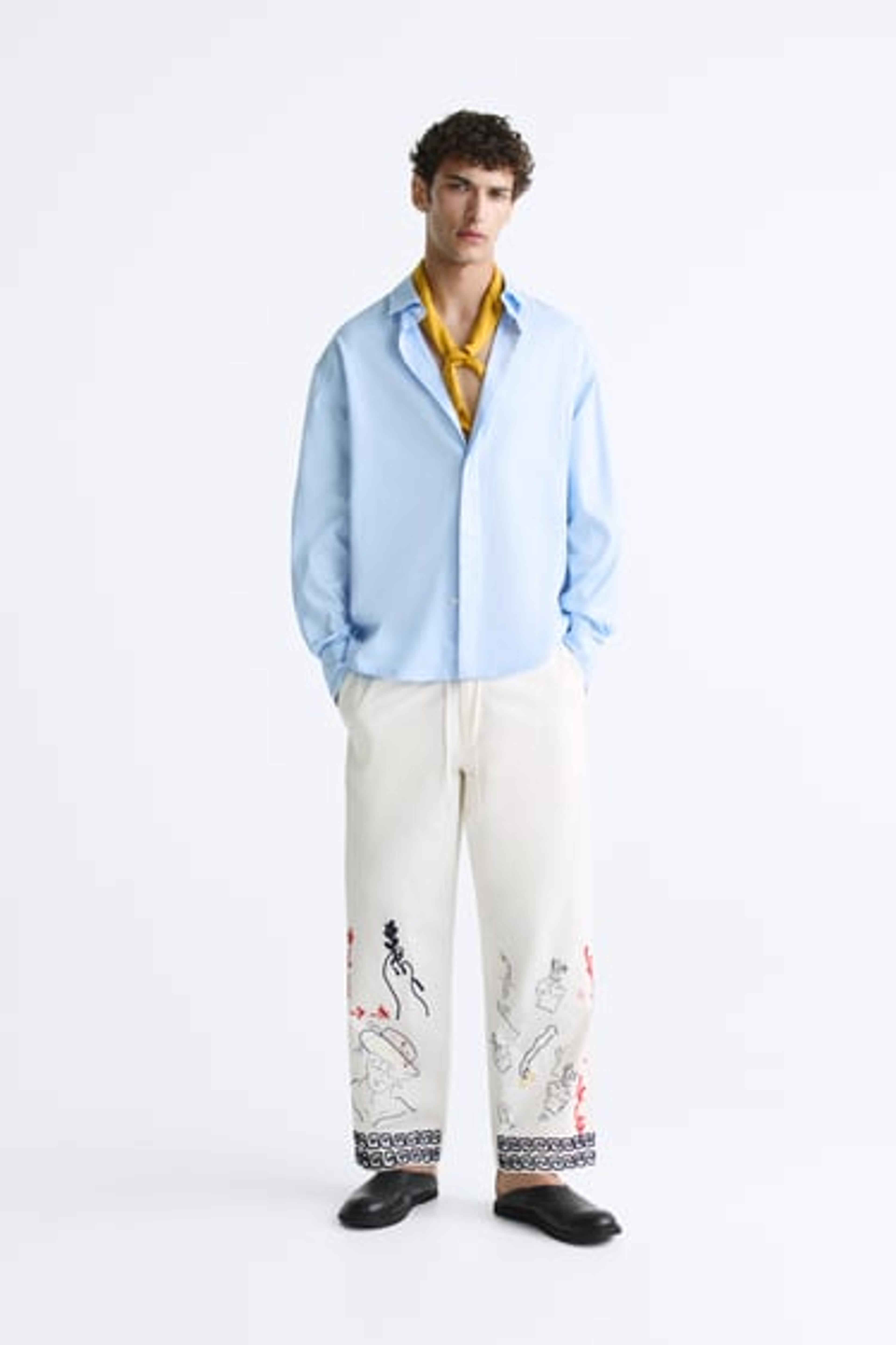 CONTRAST EMBROIDERED PANTS - Oyster White | ZARA United States