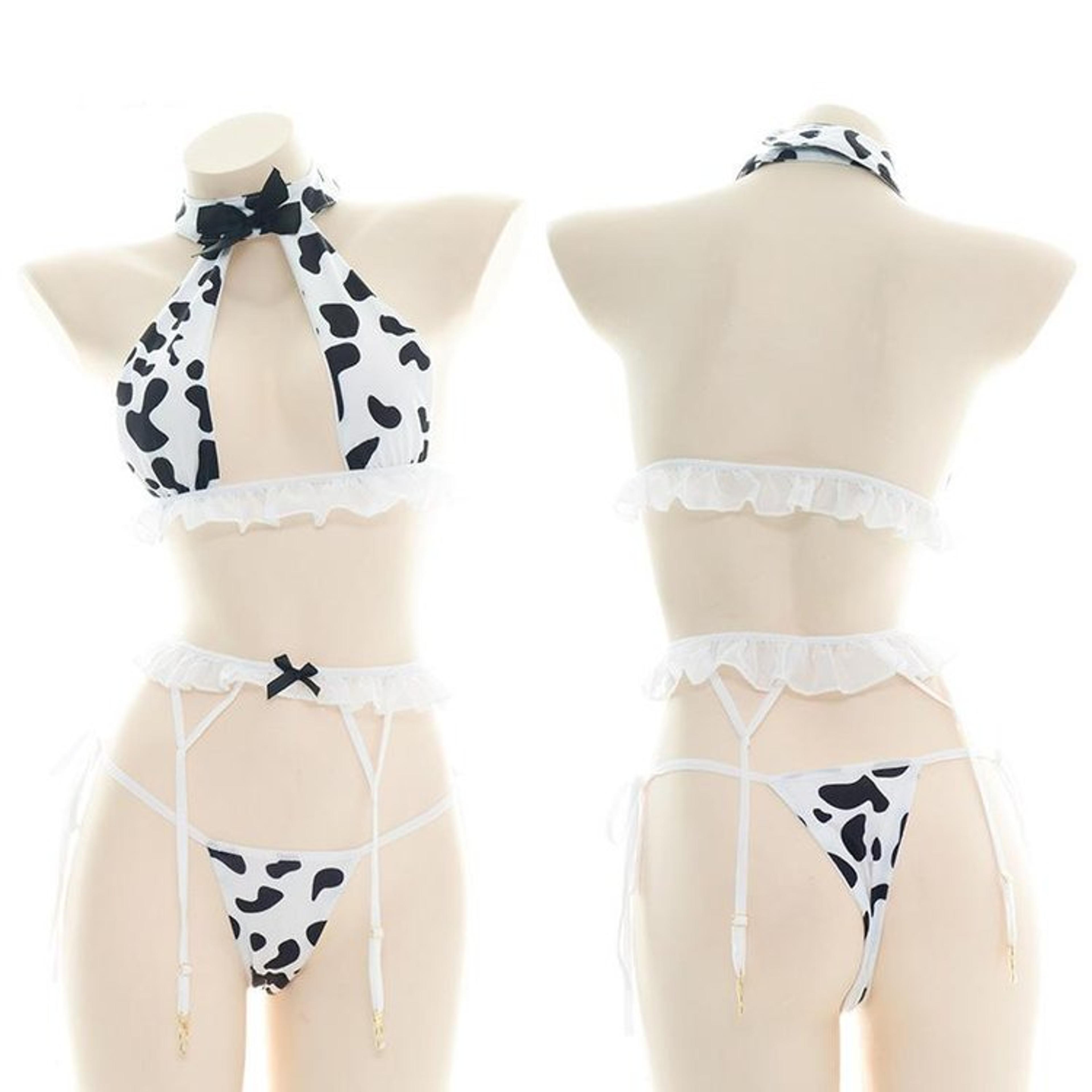 Sexy Cow Print Bow Bikini Lingerie Suit