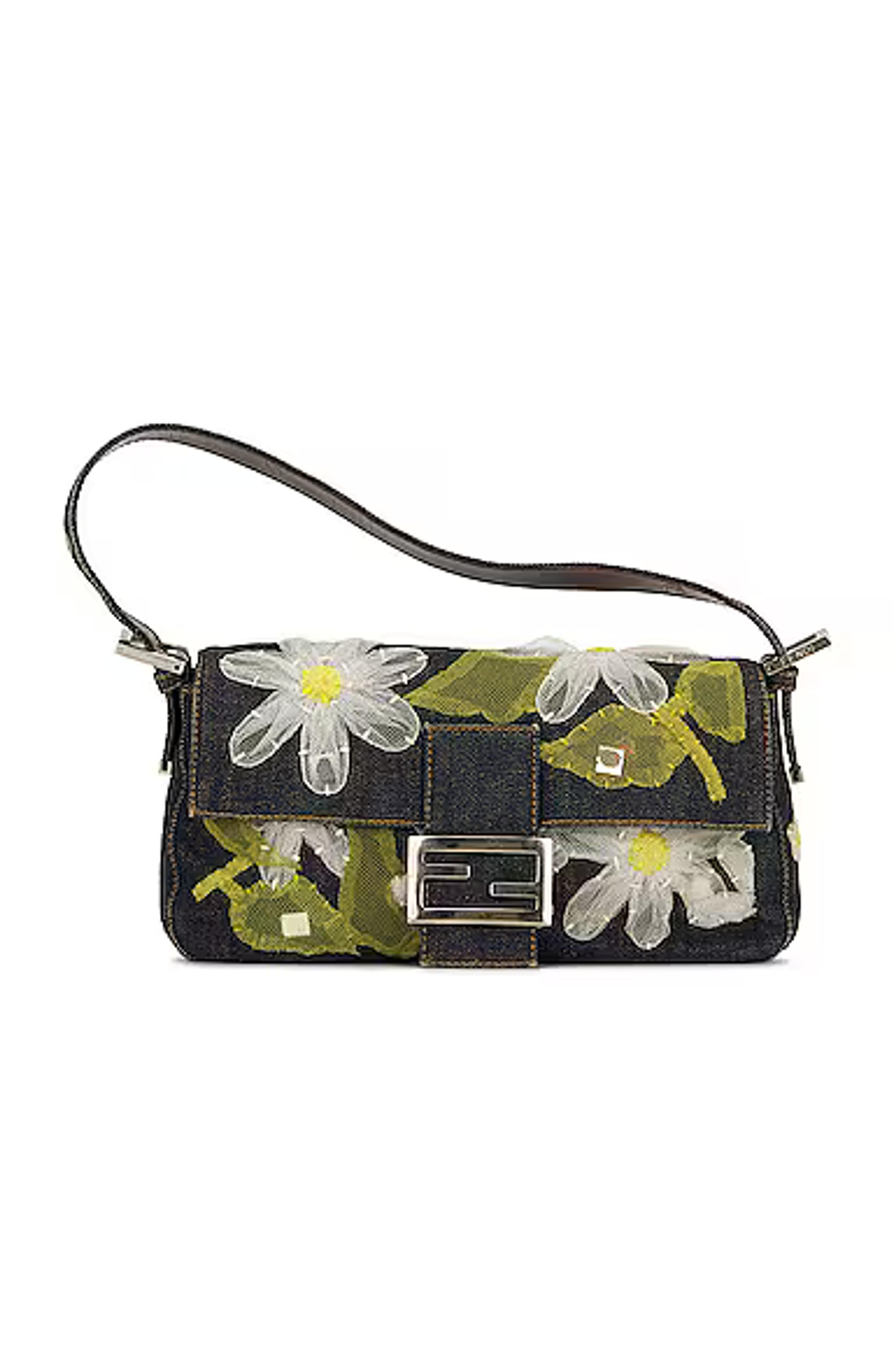 FWRD Renew Fendi Mamma Floral Denim Baguette Bag in Blue | FWRD