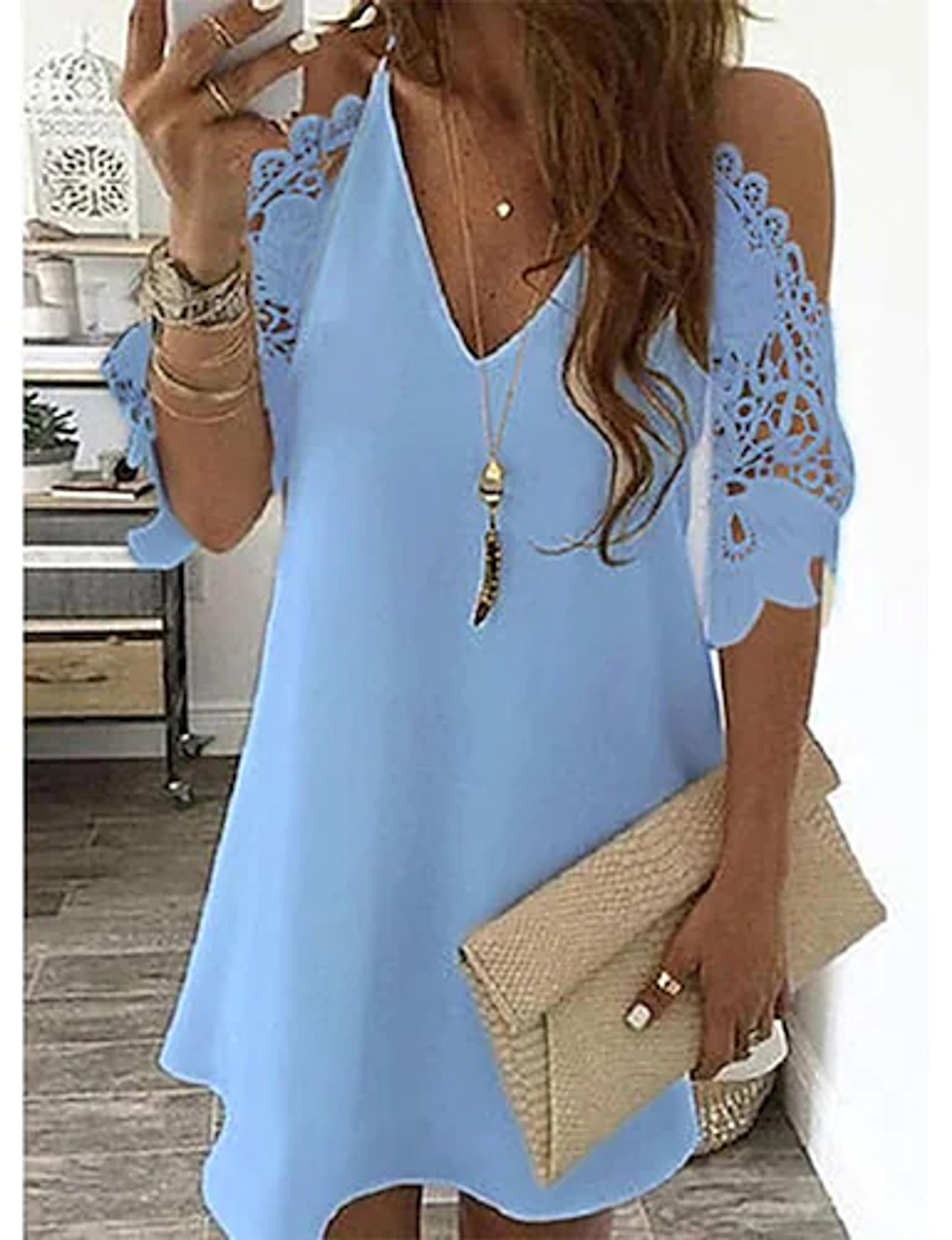 Women's Shift Dress Short Mini Dress Light Blue White Black Pink Yellow Red Navy Blue Half Sleeve Pure Color Cold Shoulder Fall Spring V Neck Stylish Casual 2022 S M L XL XXL XXXL 4XL 5XL 8613061 2022 – $14.99