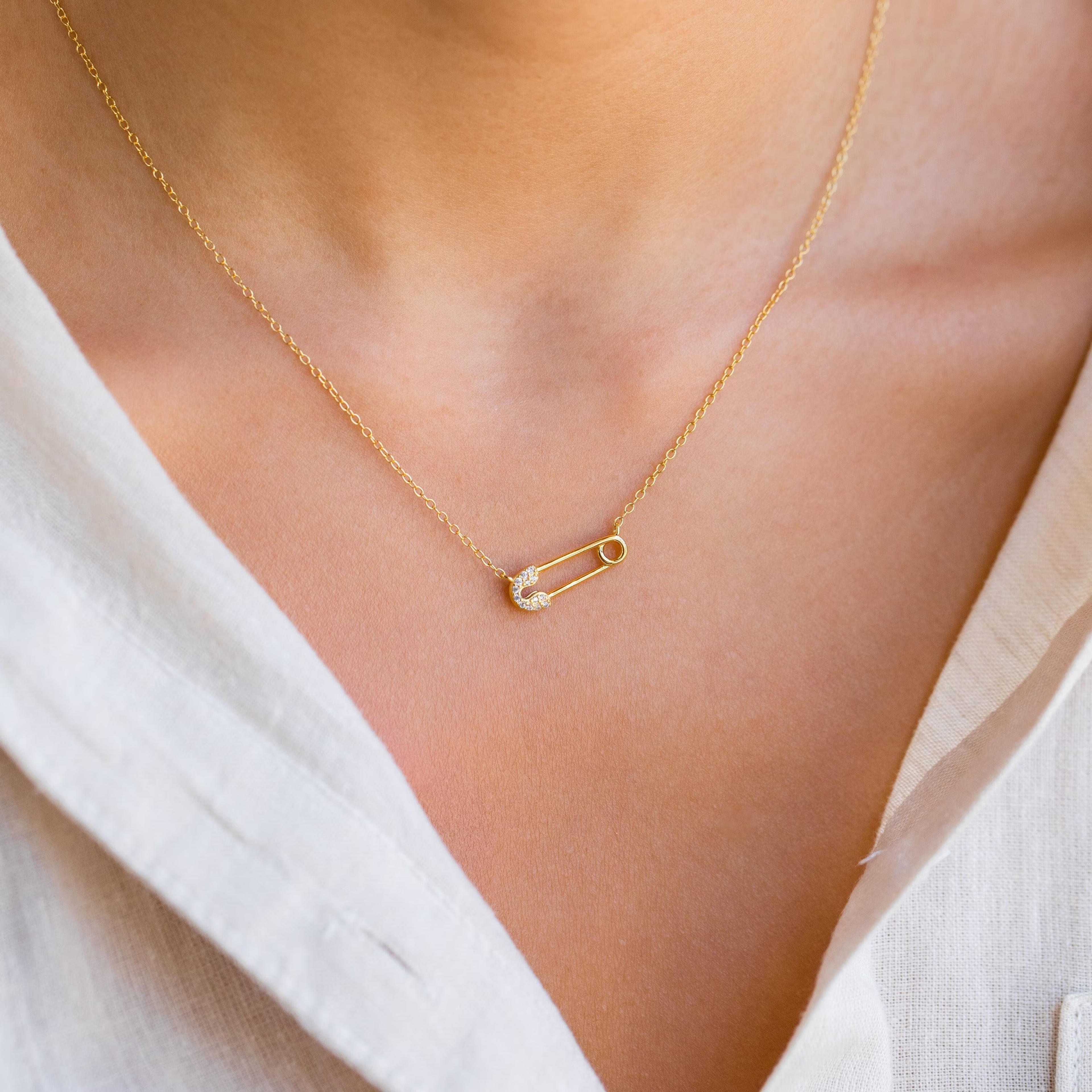 Pave Safety Pin Necklace by Caitlyn Minimalist Dainty - Etsy