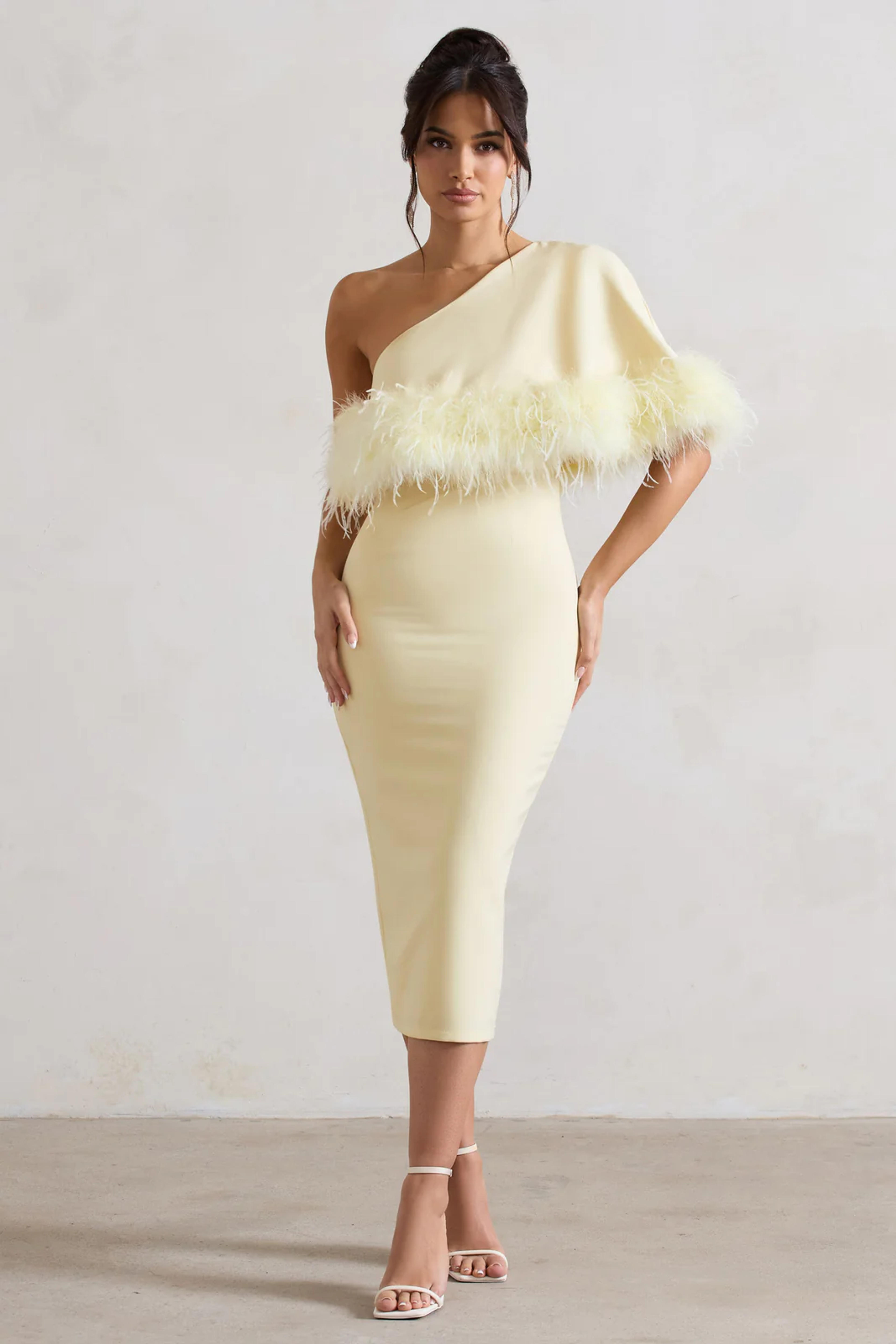 Victory Lemon Asymmetric Midi Dress With Feather Trim – Club L London - USA