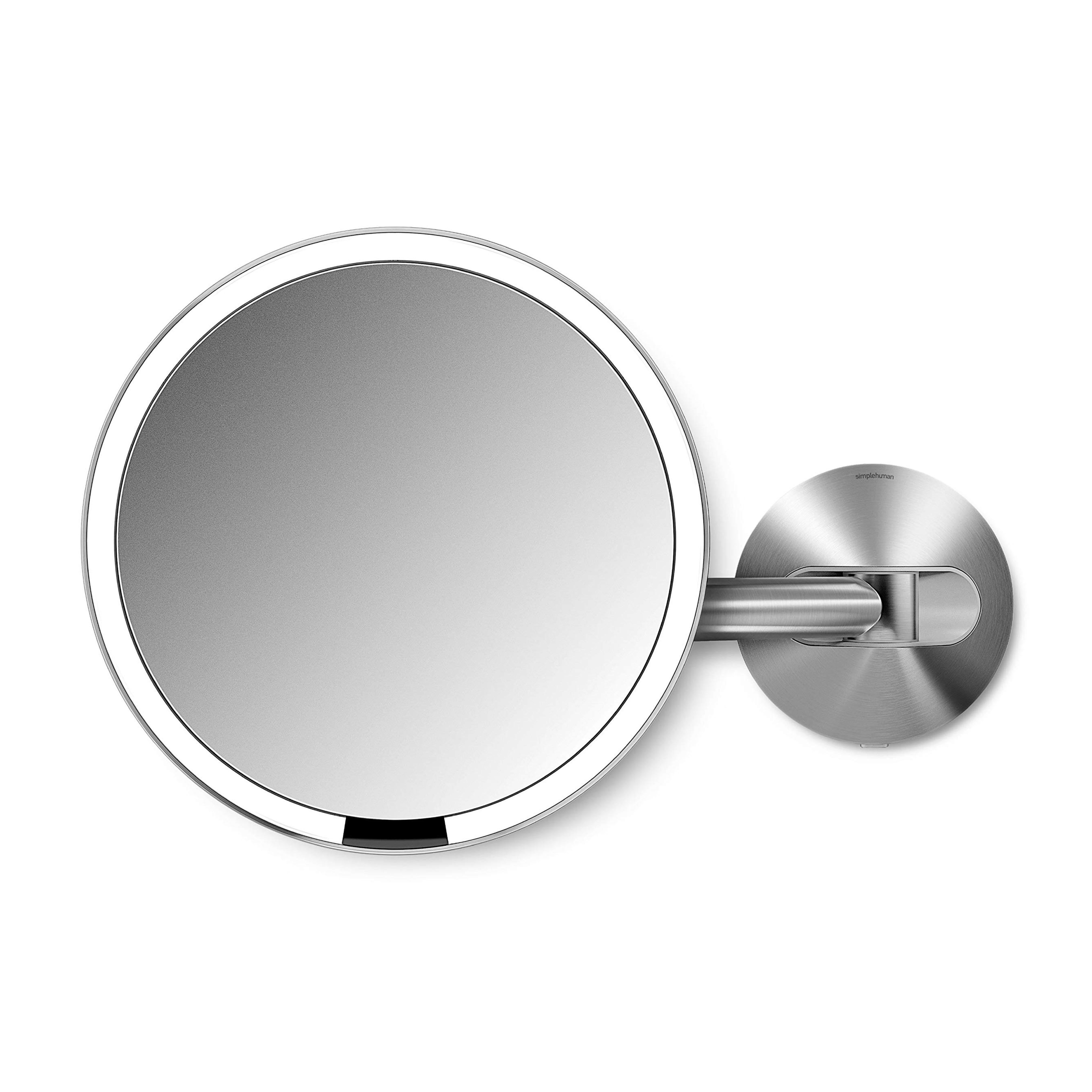 simplehuman Sensor Lighted Makeup Vanity Mirror 8" Round Wall Mount, 5X Magnification, Hard-Wired (100-240v), Stainless Steel