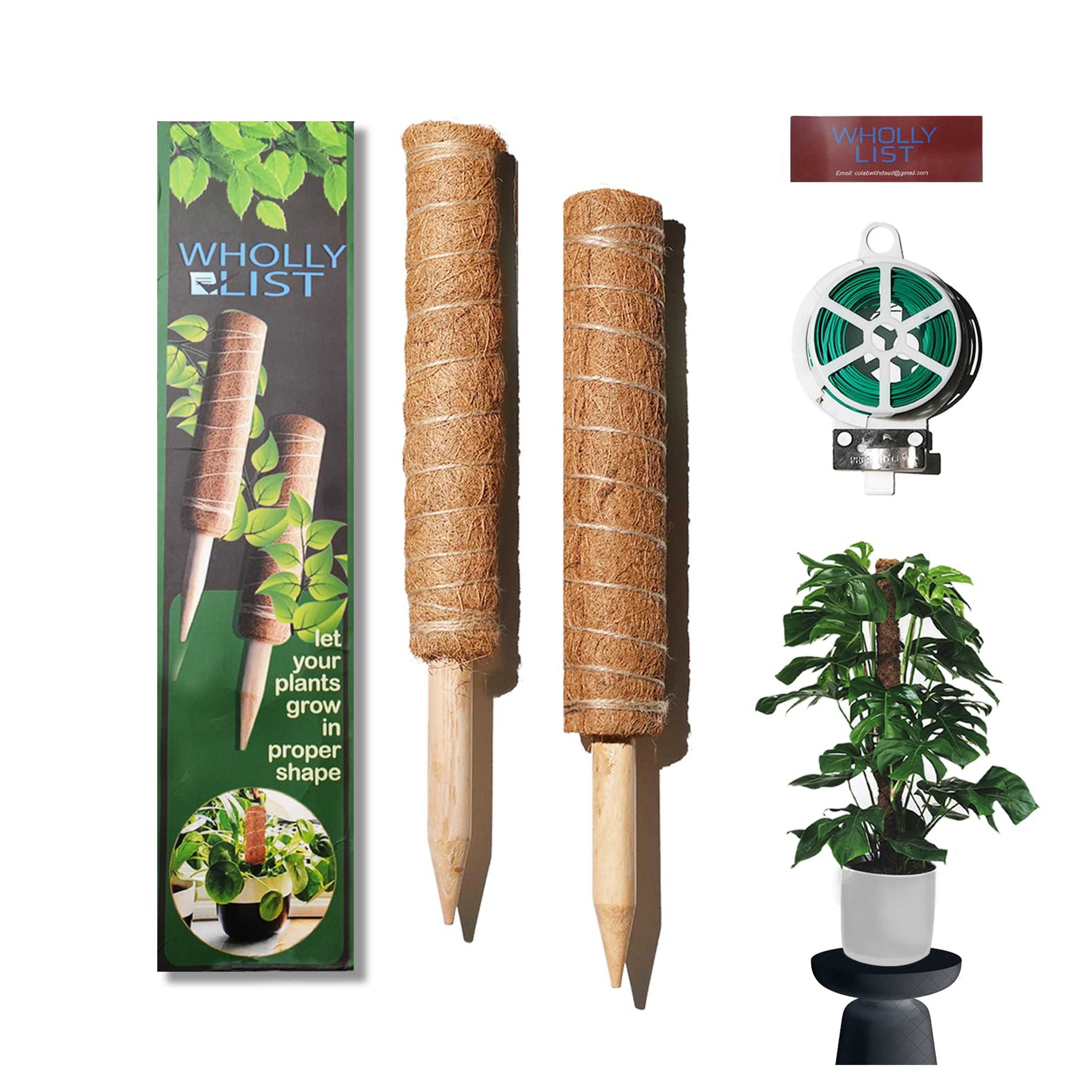 WHOLLY LIST Moss Pole for Plant Monstera, 2-Pack 27.5-inches Moss Poles for Climbing Plants with 20m Garden Twist tie, Coco Coir Totem Stakes for Plant Support to Grow Upwards