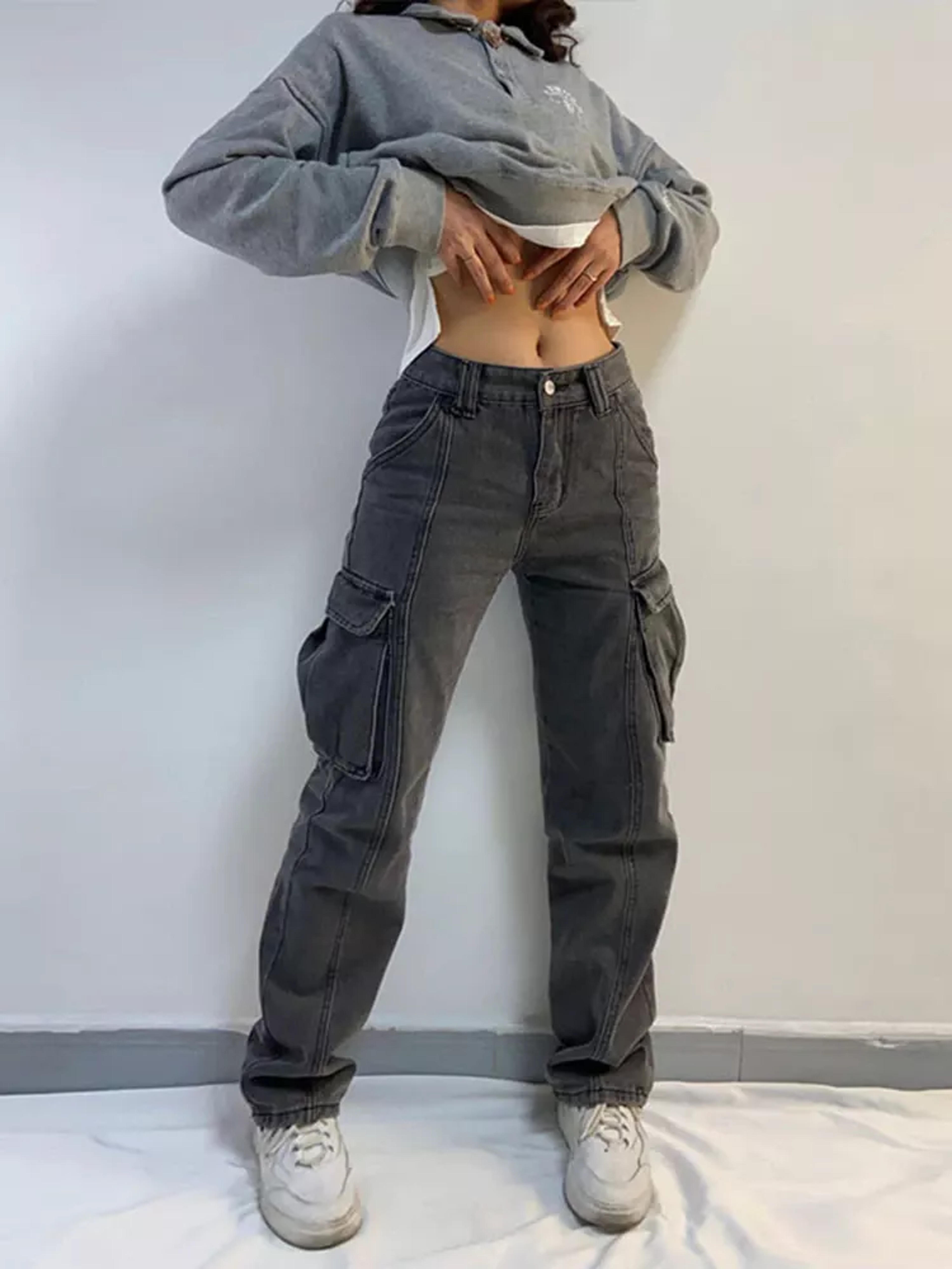 Fongt Women Cargo Trousers Straight Cargo Jeans Pants High Waist Vintage Pantalon Streetwear Femme Mujer Multi Pocket 2022 Grey-S-China