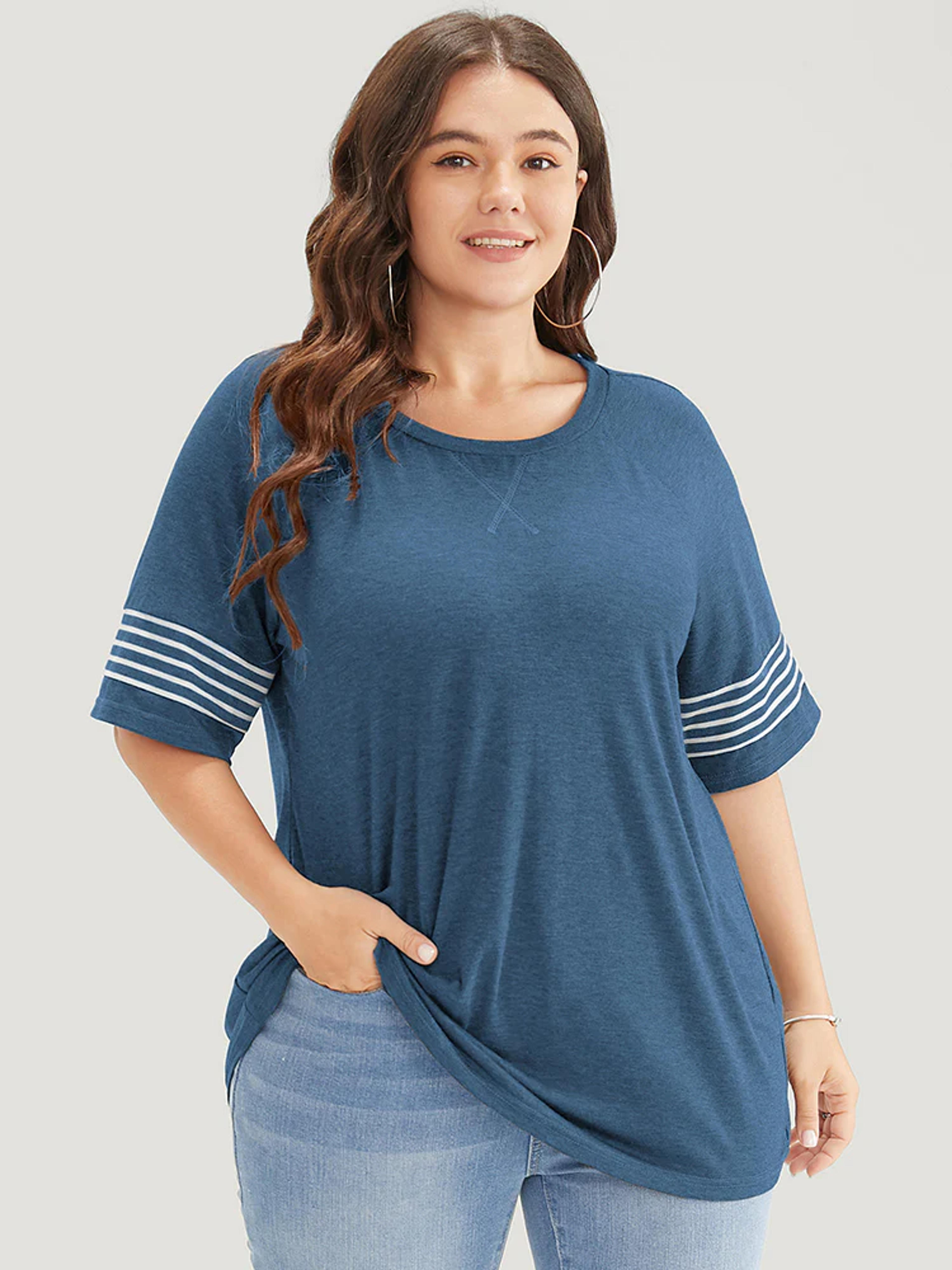 Striped Contrast Raglan Sleeve Crew Neck T-shirt - Blue / 22-24/3X