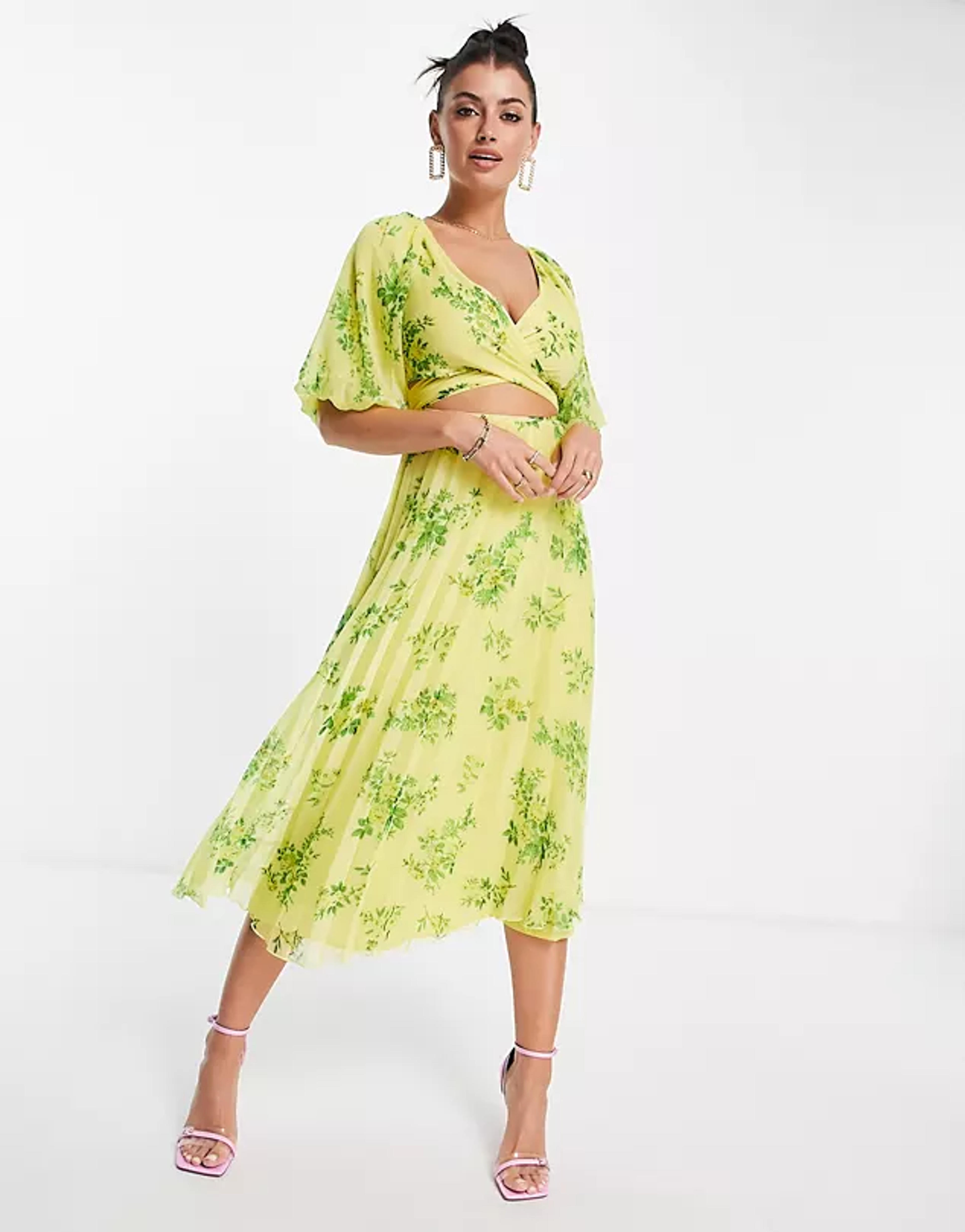 ASOS DESIGN wrap around pleated midi dress in yellow floral print | ASOS