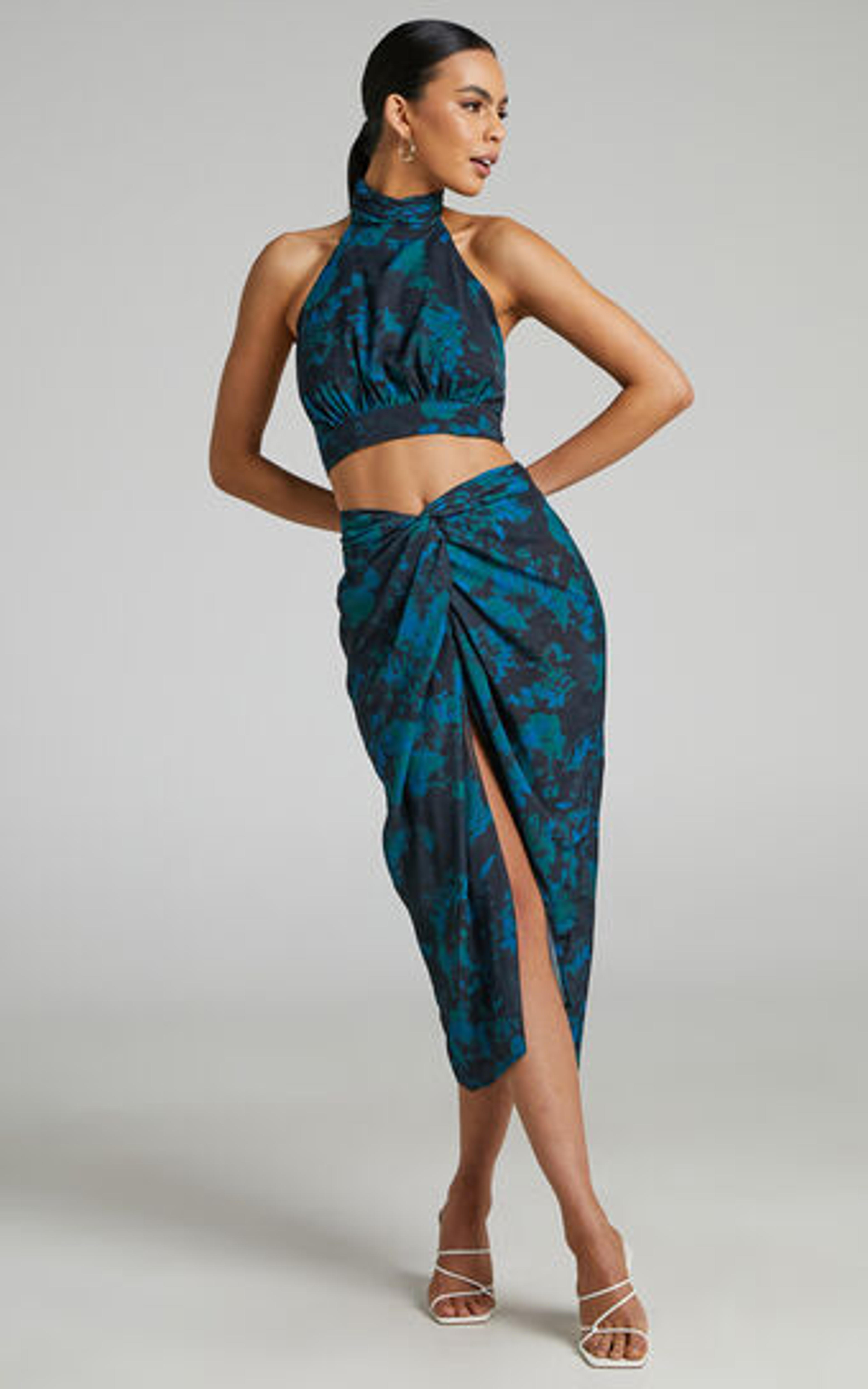 Mirski High Neck Halter Top and Twist Front Midi Skirt Two Piece Set in Jewel Blur