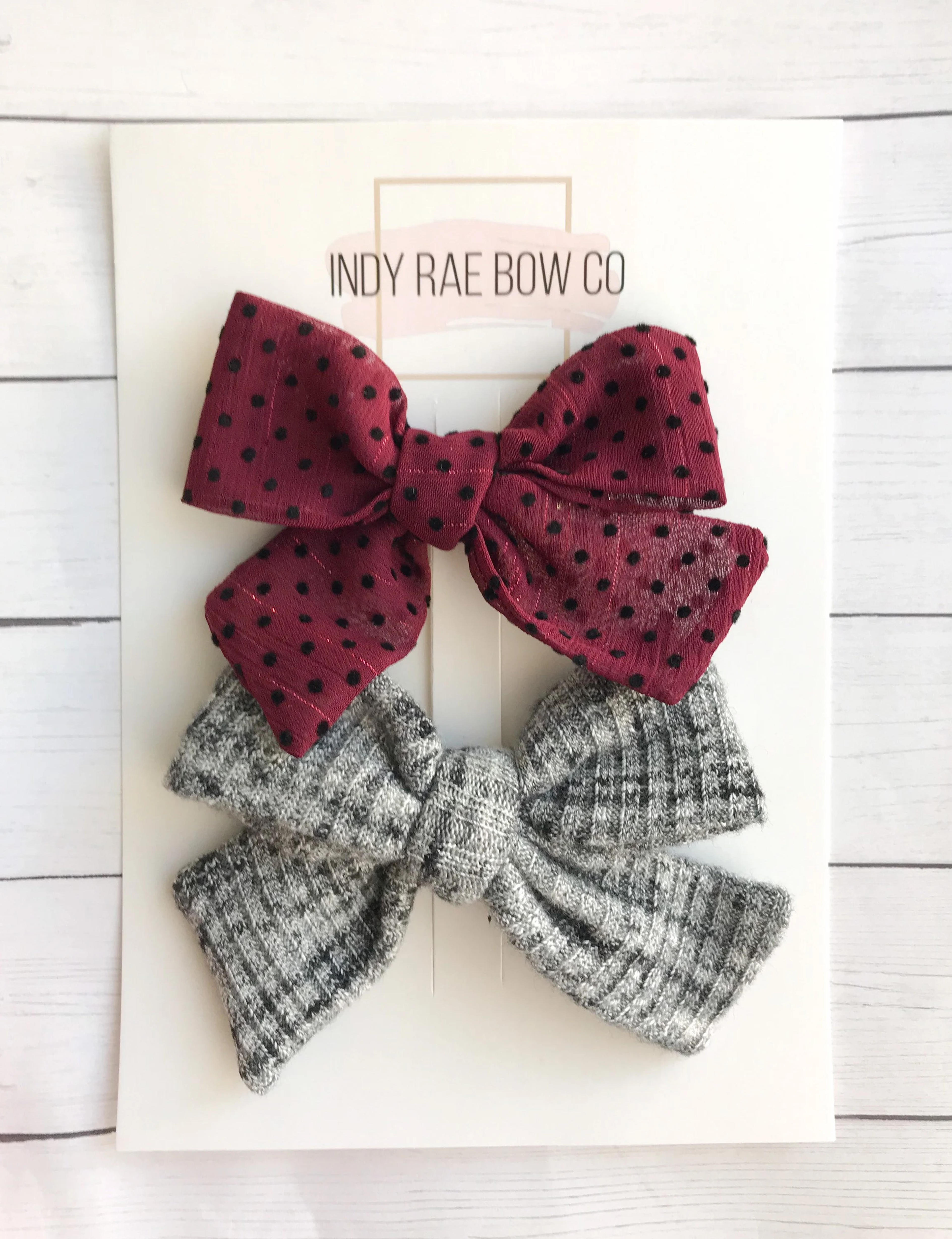 Grey Knit and Wine Shimmer Dot Bow Set