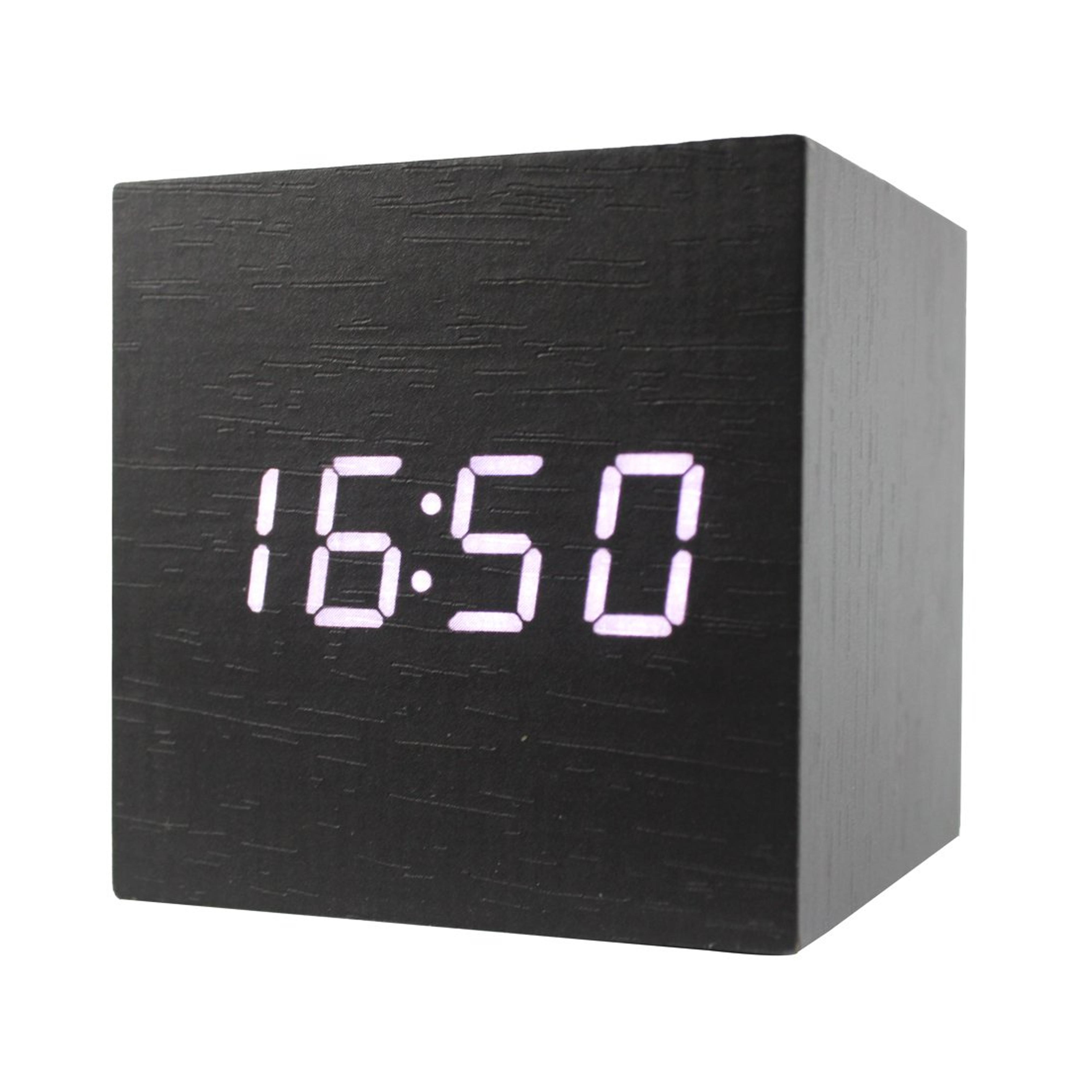 Dianoo Cube Black Wood White Led Alarm Clock - Time Temperature Date - Sound Control (Black Wood + White Light)