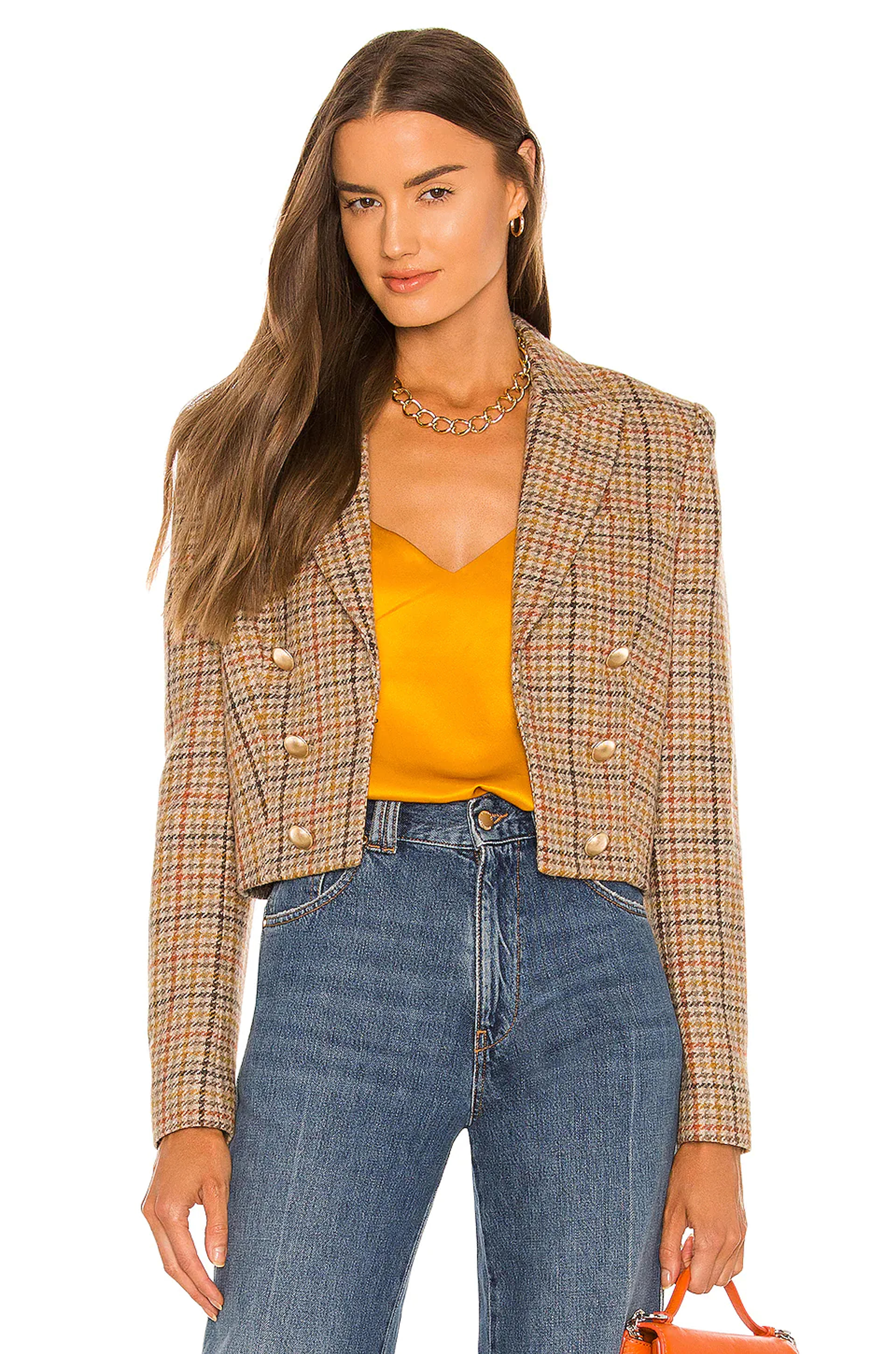 L'AGENCE Inez Cropped Blazer in Khaki Multi Plaid | REVOLVE