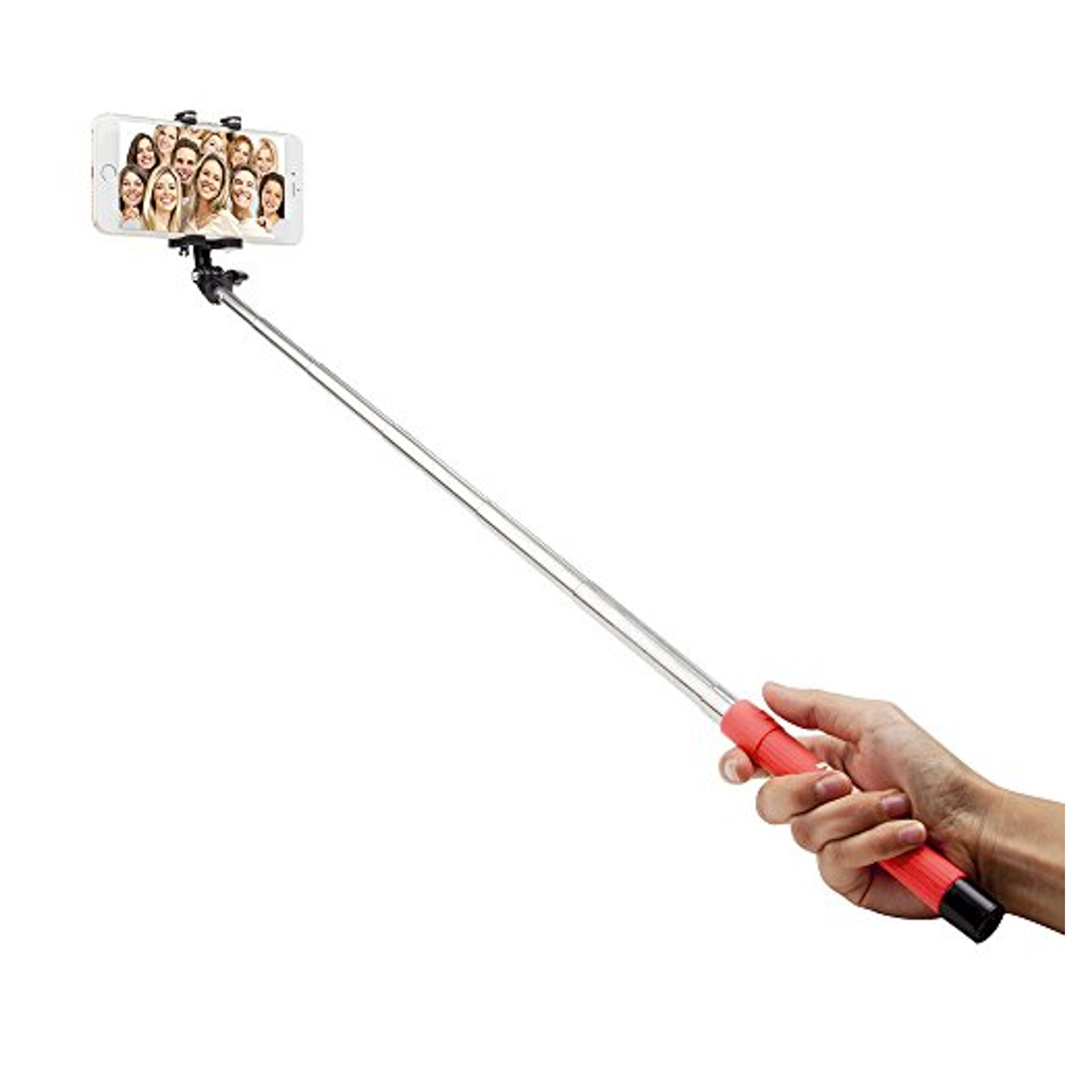 Mabee Foldable Extendable Wireless Bluetooth Selfie Stick with Built-in Wireless Bluetooth Remote Shutter with Adjustable Phone Holder - Red