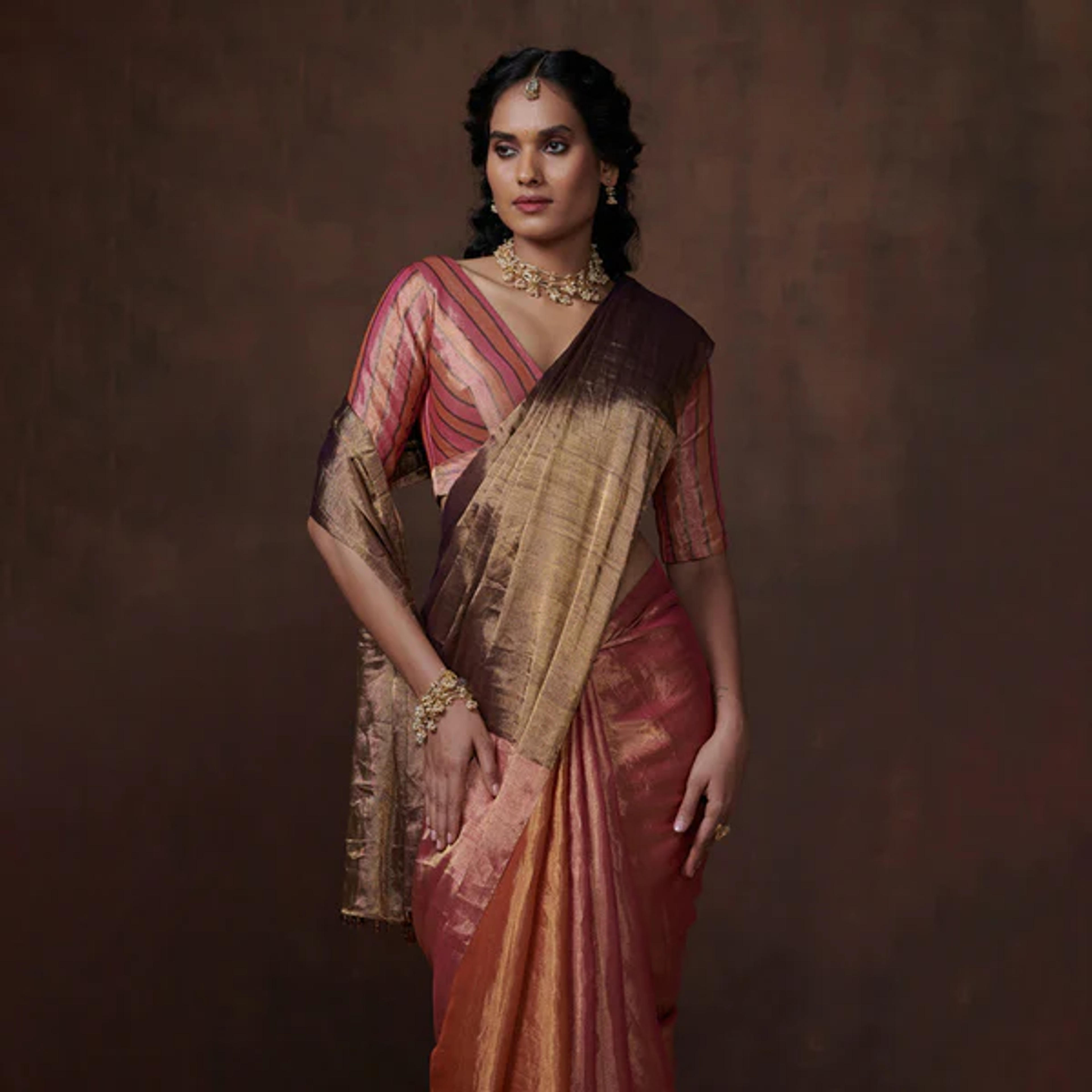 Chanderi Tissue Saree | Antique Gold & Pink