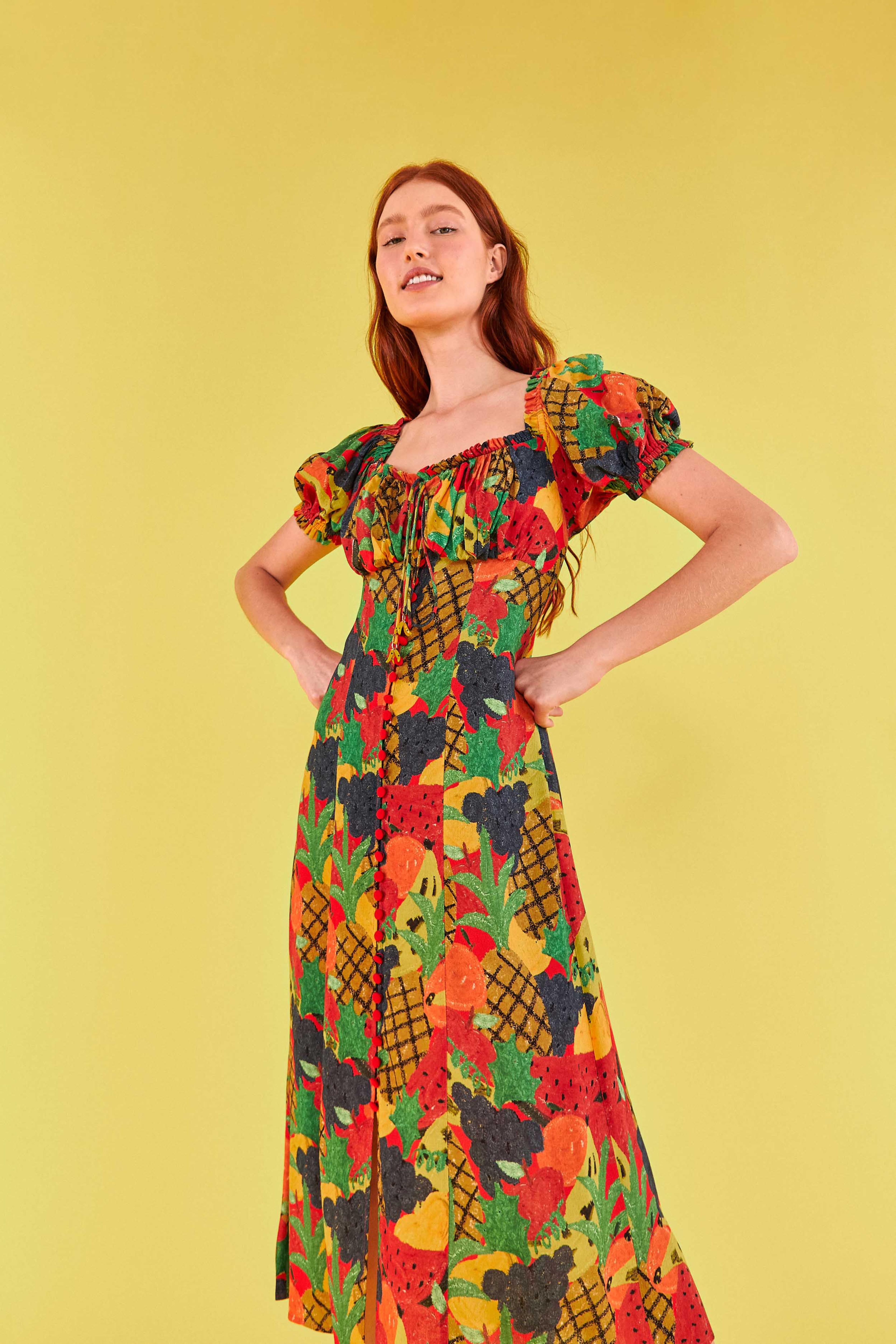 SQUARE NECK MIDI DRESS | Fruit Salad Print – FARM Rio