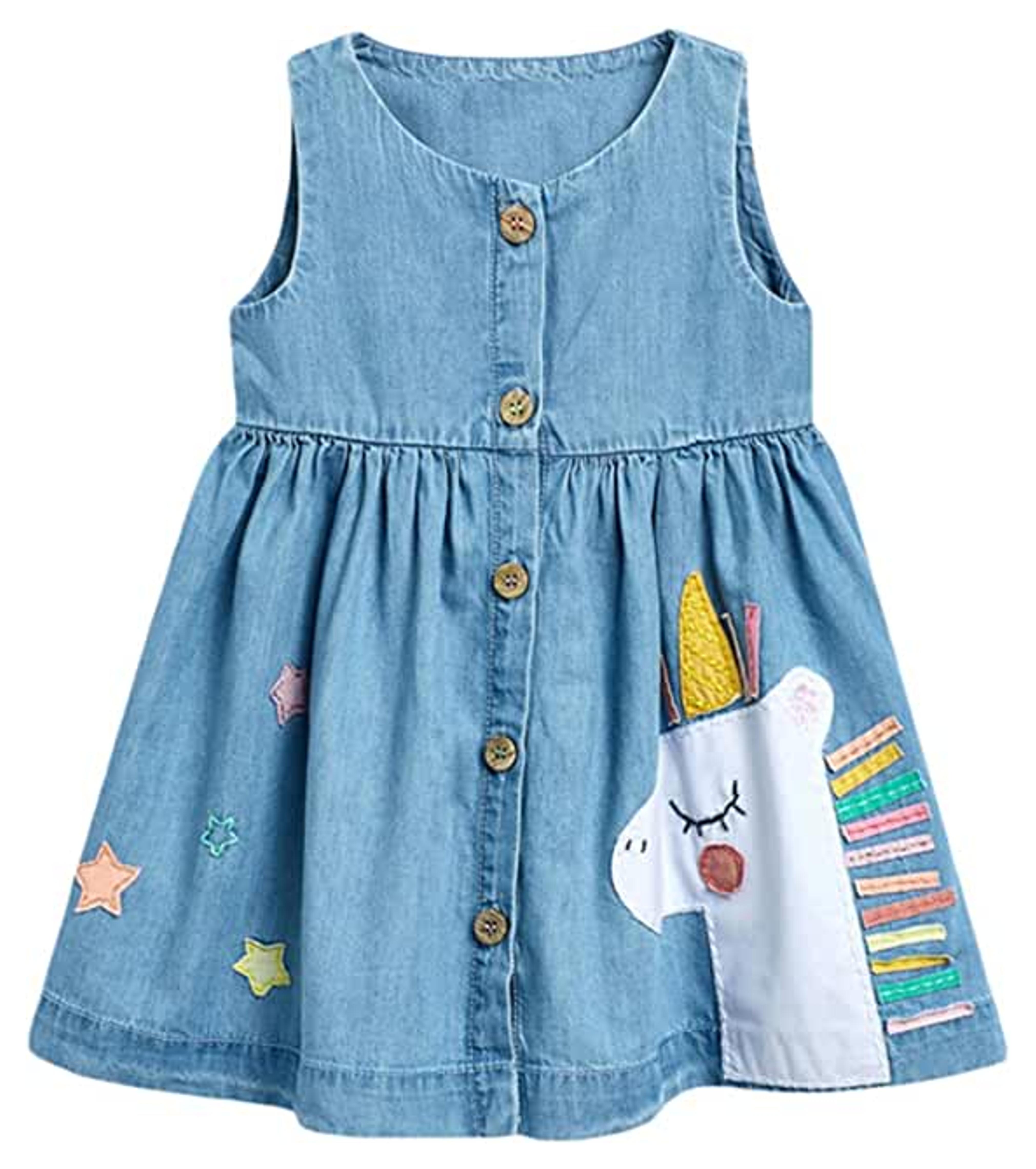 Sponsored Ad - HILEELANG Toddler Girls Short Sleeve Cotton Casual Dress Summer Spring Cartoon Appliques Playwear Basic Shi...