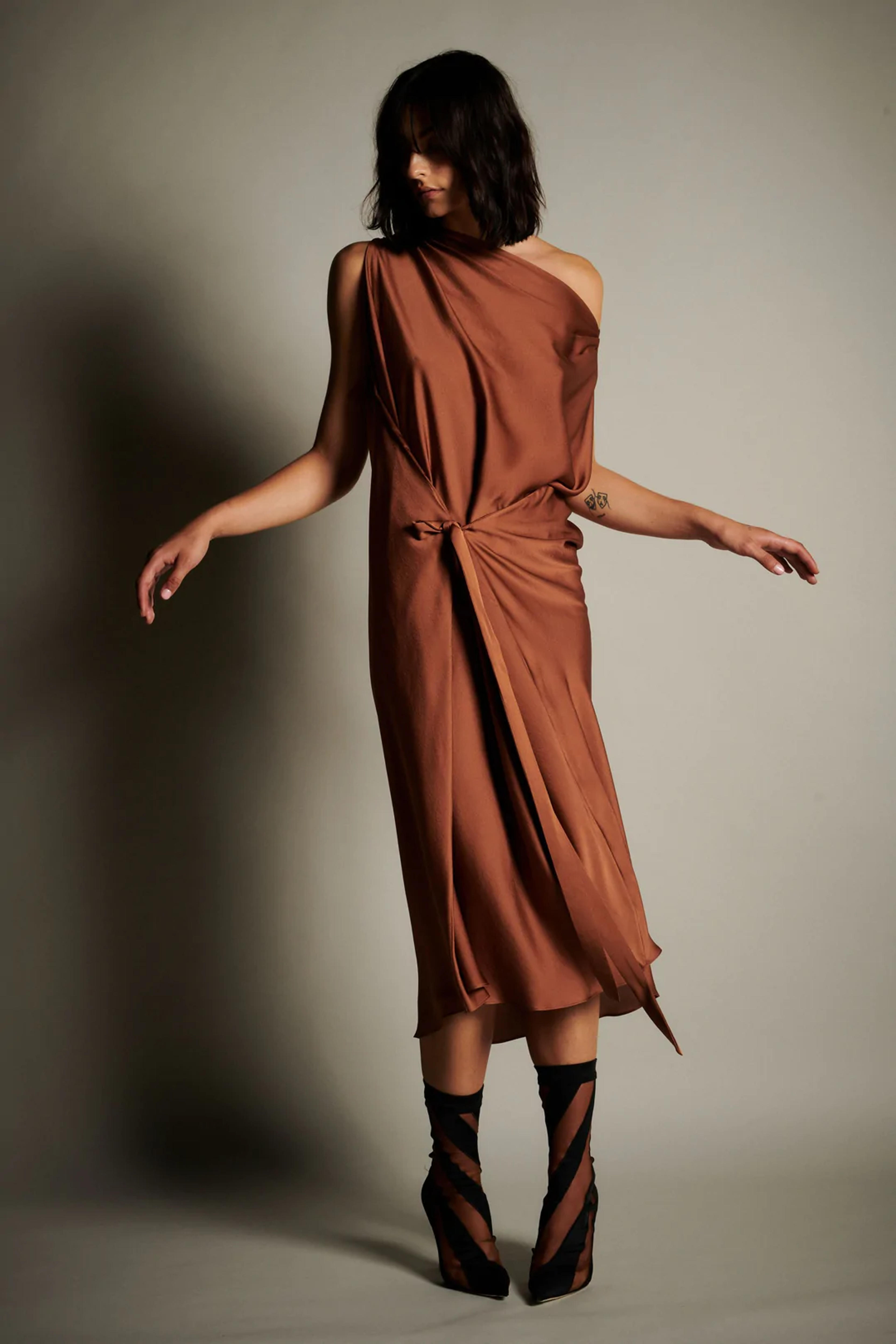 Off the Shoulder Wrap Dress | Brown Sleeveless Dress | KES