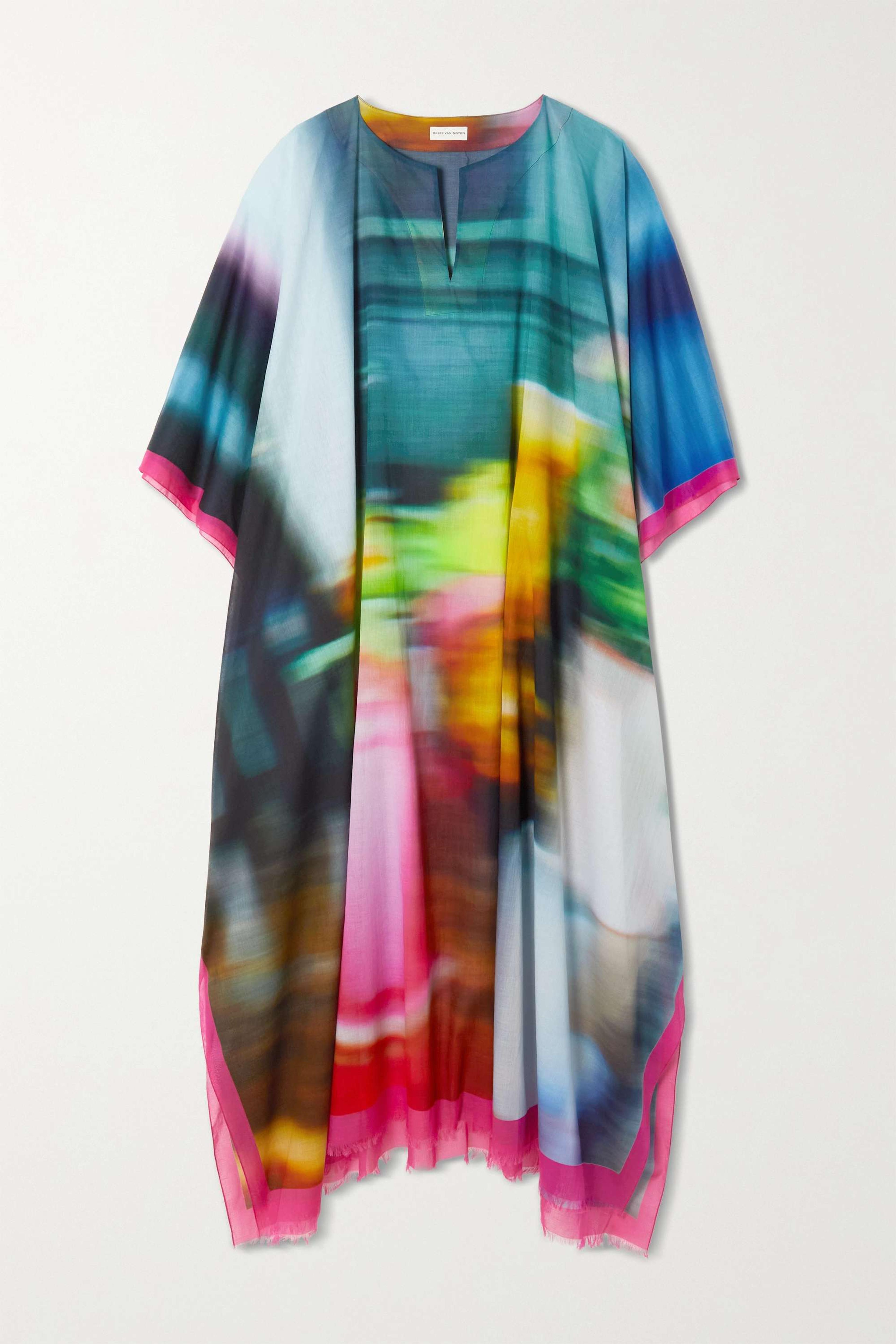 Azure Frayed printed cotton-voile kaftan | DRIES VAN NOTEN | NET-A-PORTER