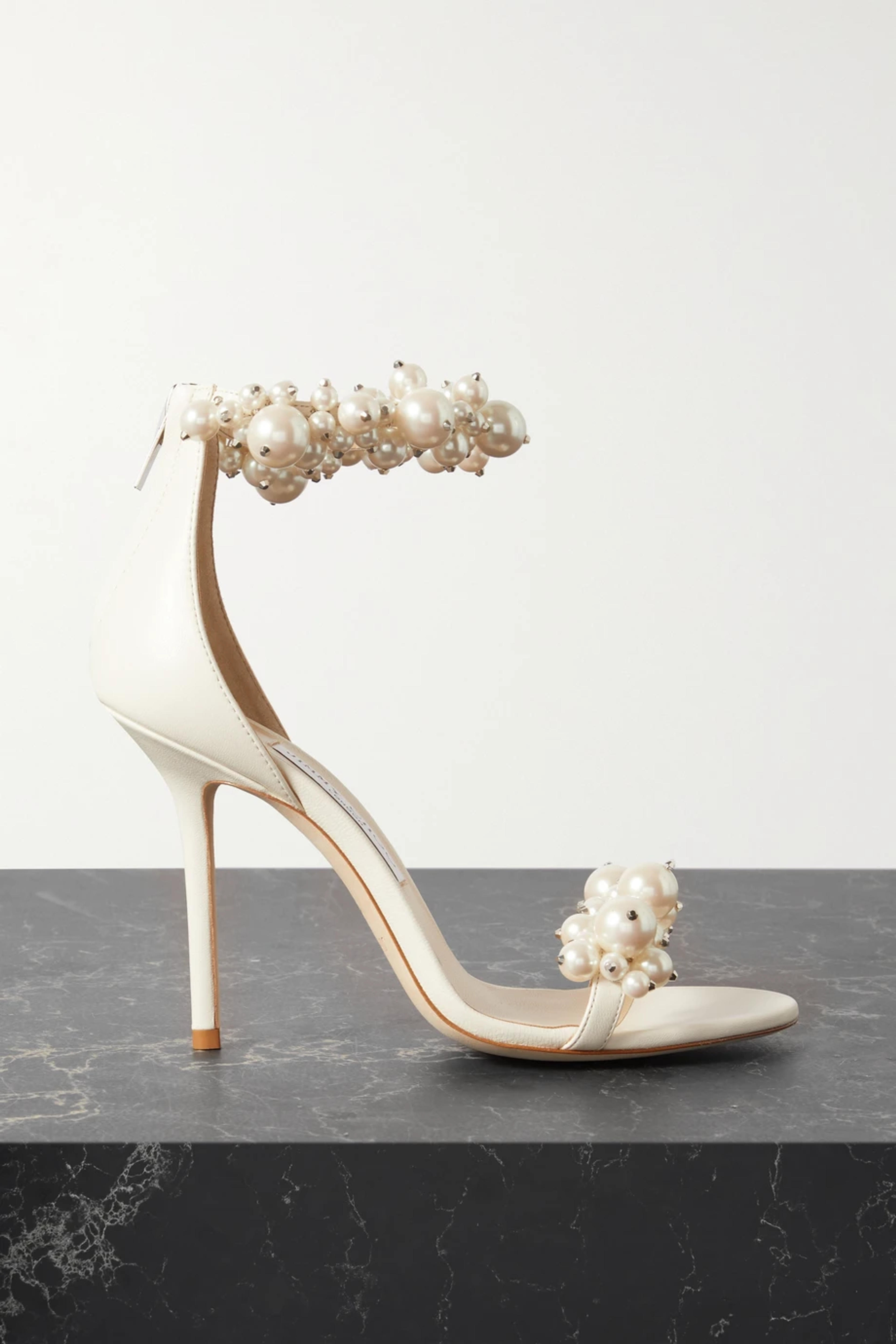 Neutral Maisel 100 faux pearl-embellished leather sandals | JIMMY CHOO | NET-A-PORTER