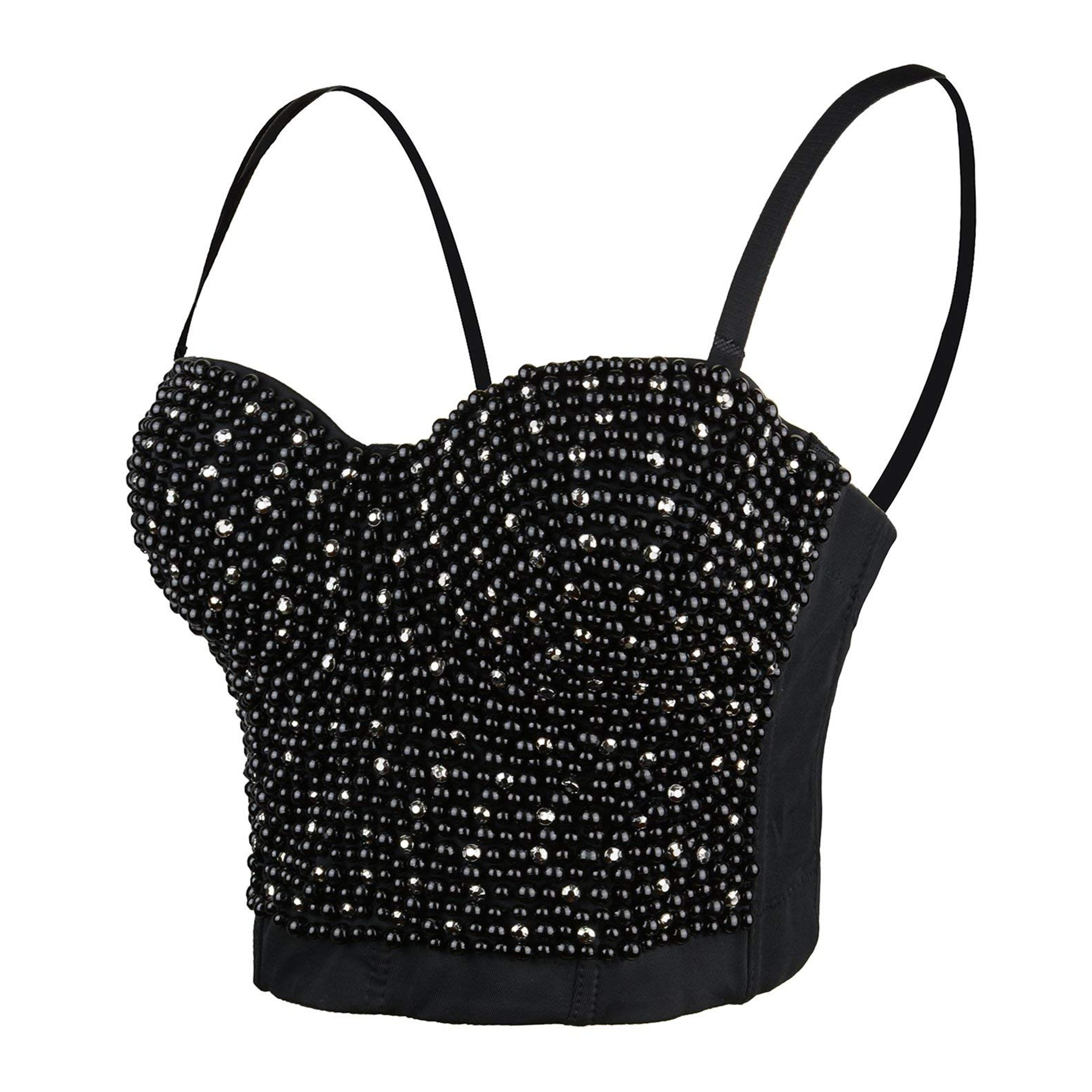 ELLACCI Women's Diamond Pearls Beaded Rhinestone Bustier Crop Top Corset Tube Top Black Small at Amazon Women’s Clothing store