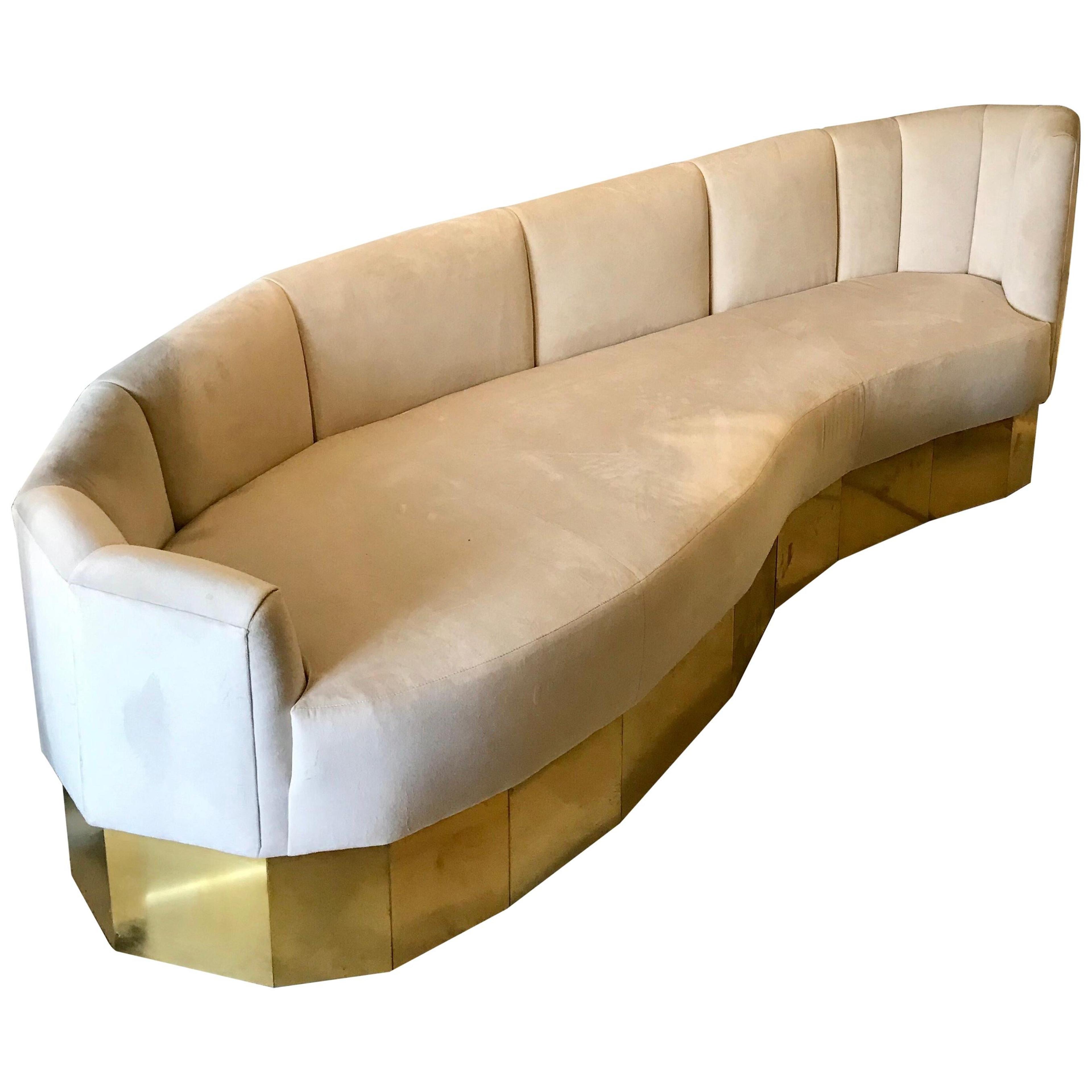 Curved Yellow Cotton Velvet and Brass Italian Sofa For Sale at 1stDibs