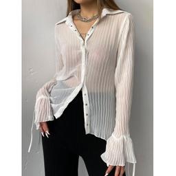 2022 Semi Sheer Long Sleeve Pleated Blouse White M In Long Sleeves Online Store. Best For Sale | Emmiol.com