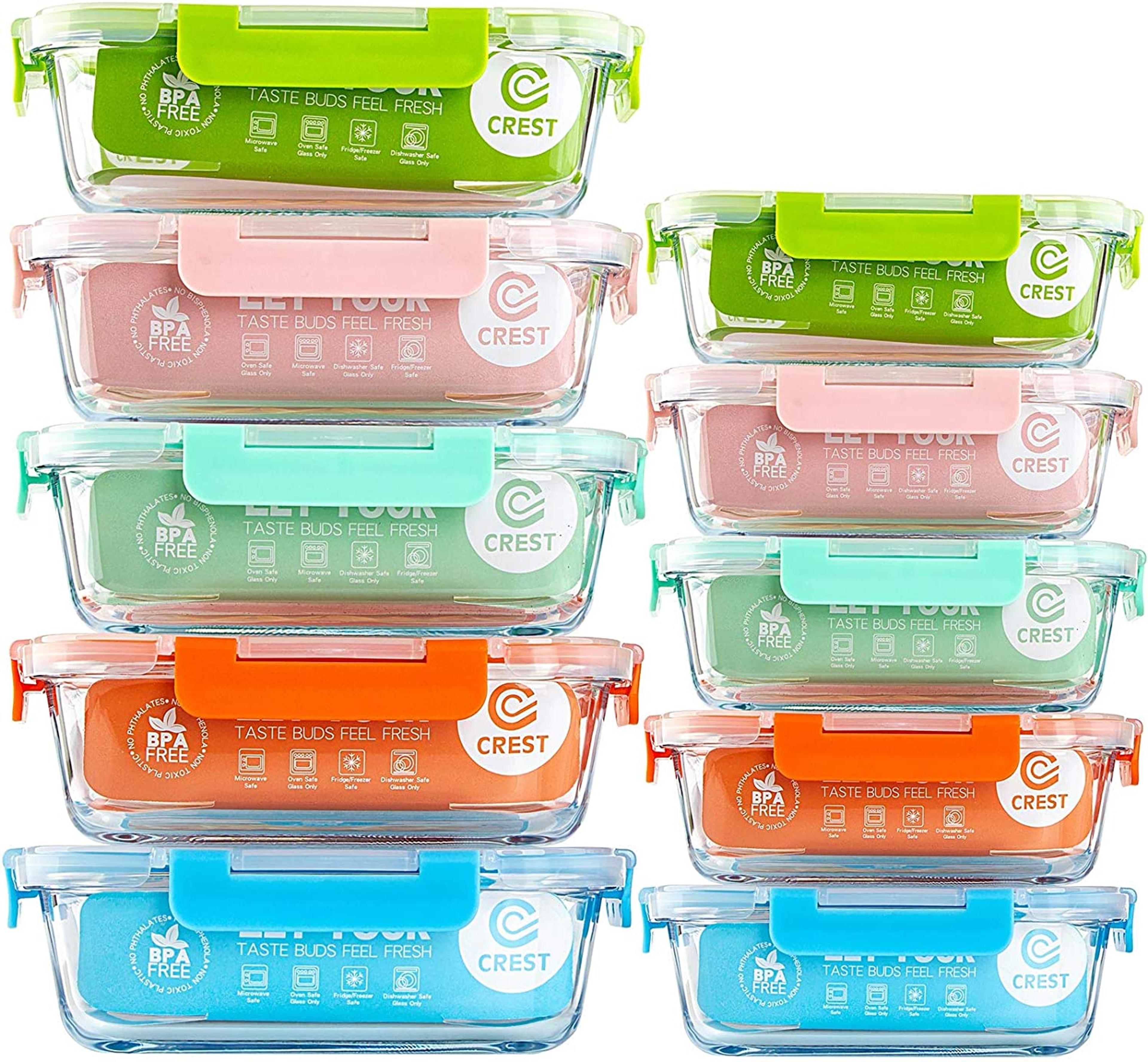 [10-Pack] Glass Food Storage Containers (A Set of Five Colors), Meal Prep Containers with Lids for Kitchen, Home Use - Airtight Glass Lunch Boxes