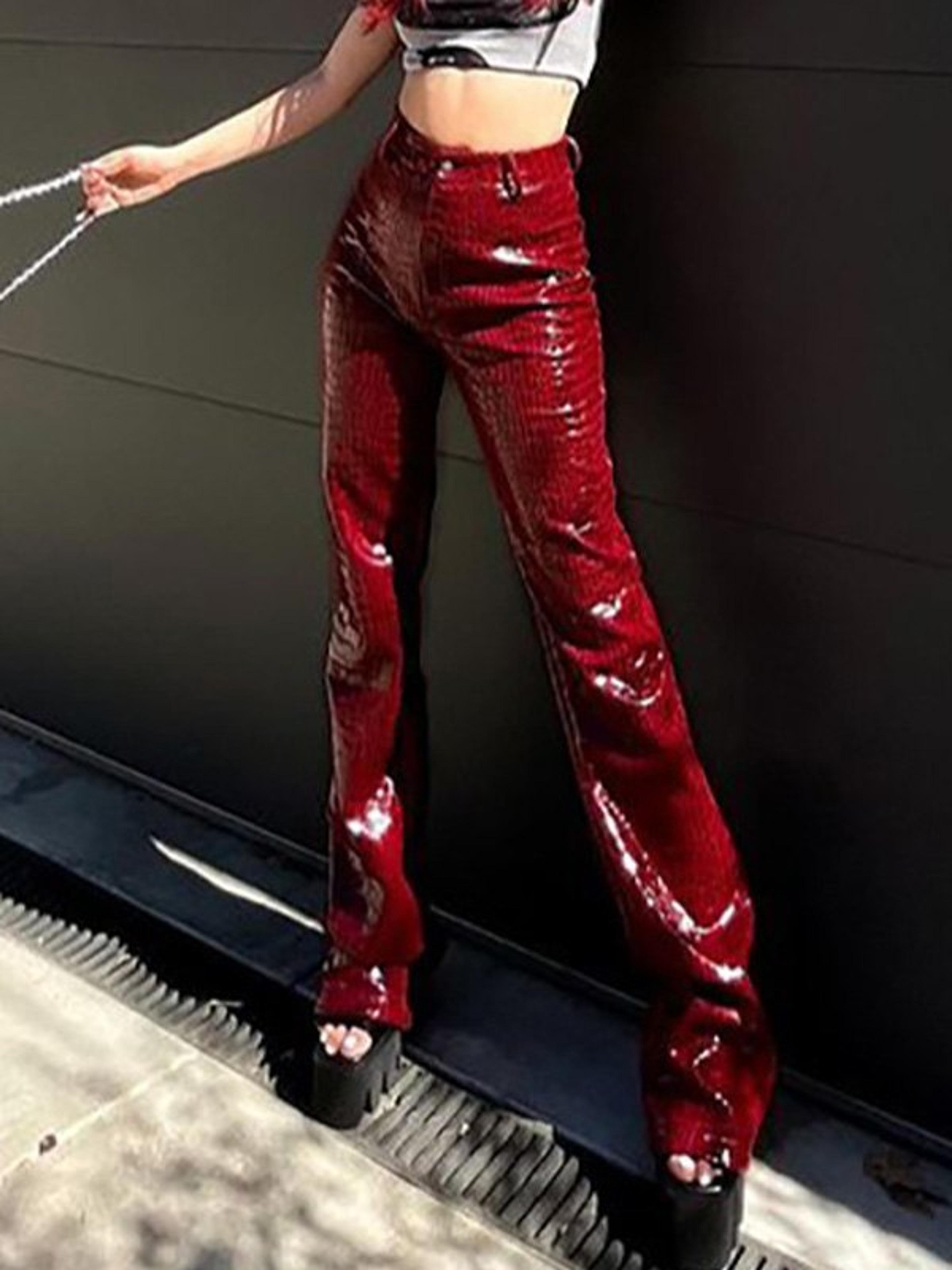 2022 Flare Leg Pu Leather Pants Burgundy M In Leather Pants Online Store. Best For Sale | Emmiol.com