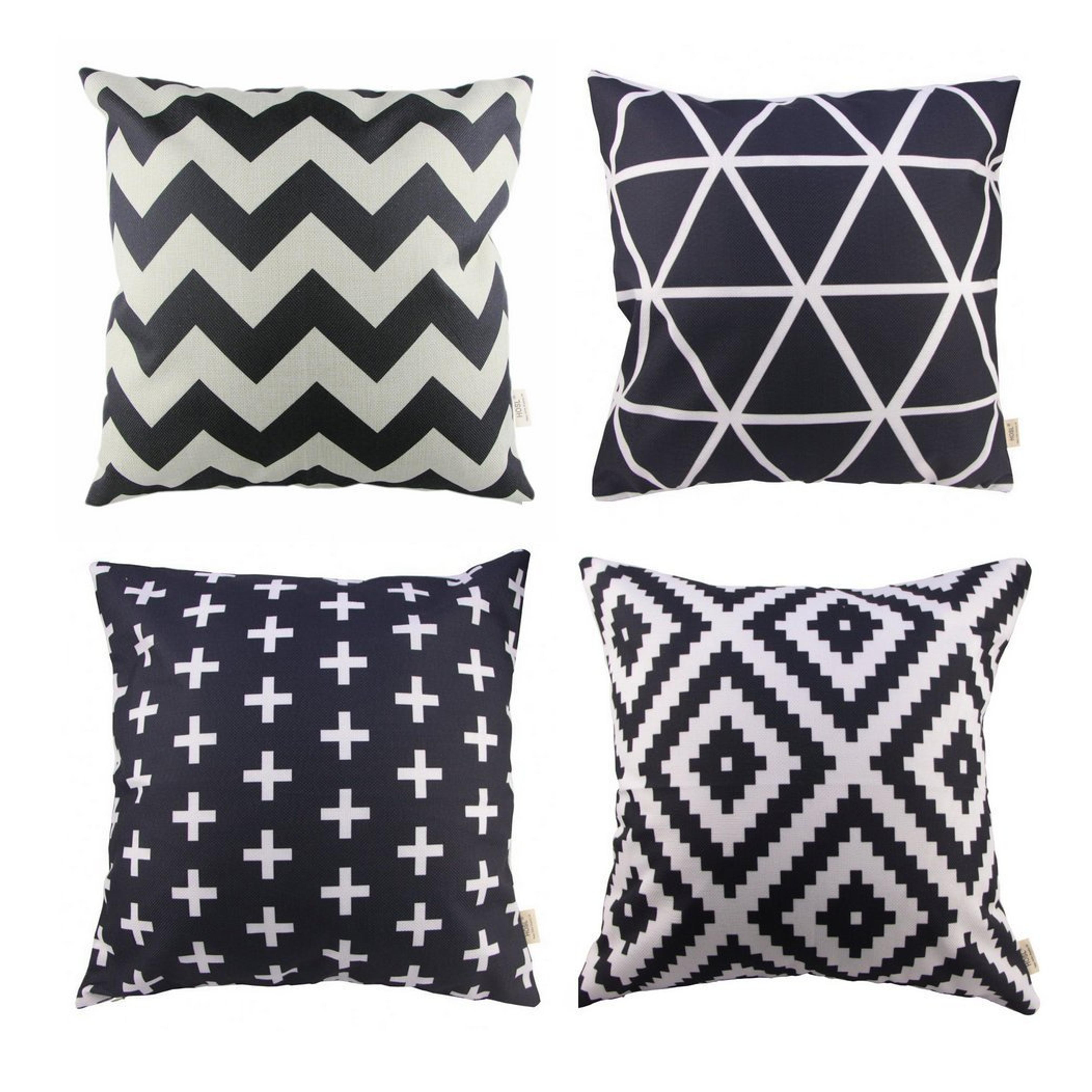 HOSL P61 4pcs Cotton Linen Sofa Home Decor Design Throw Pillow Case Cushion Covers Square 18 Inch (1x plus, 1x Geometry, 1x triangle, 1x Black Zig Zag Chevron)