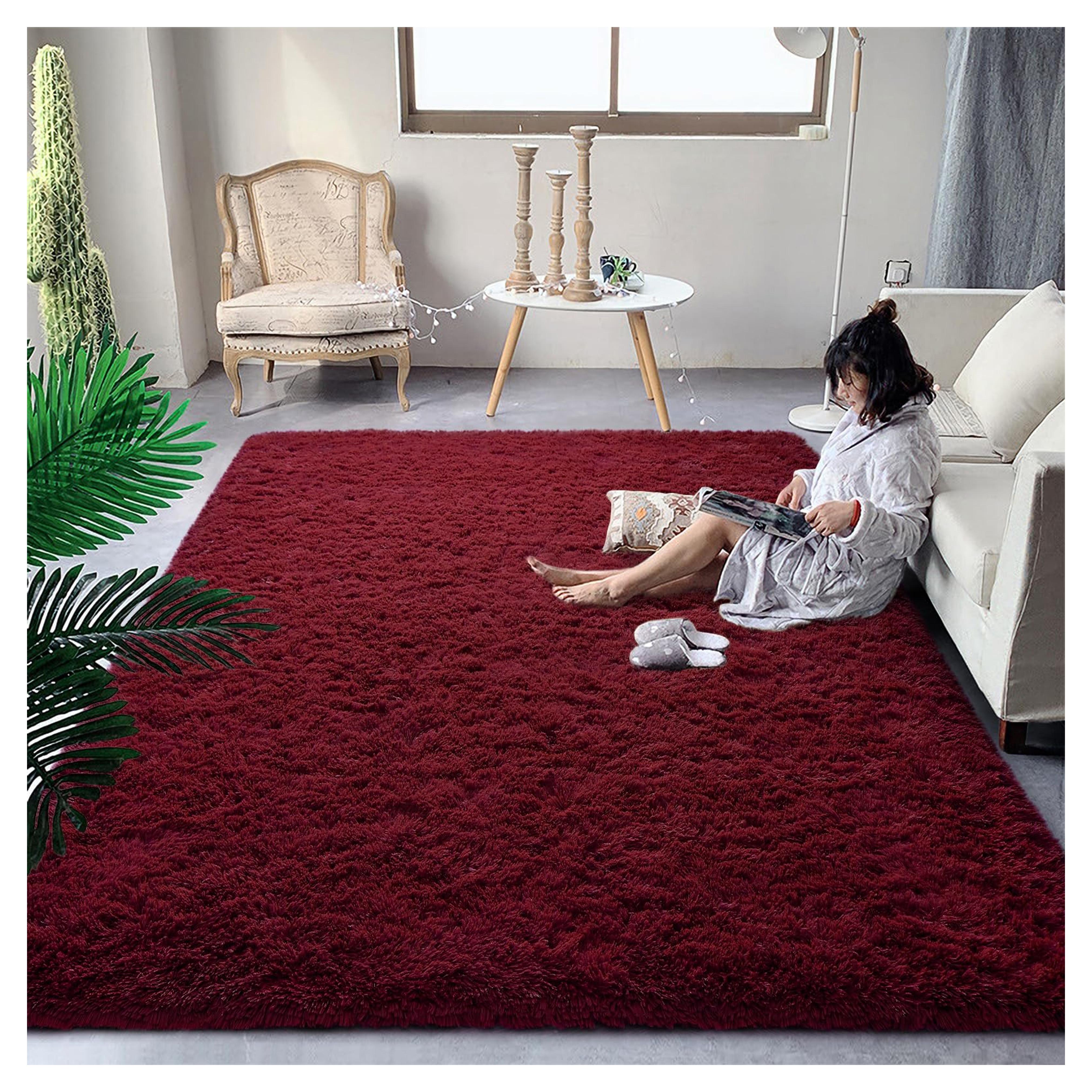 DweIke Super Soft Shaggy Rugs Fluffy Carpets, 4x6 ft, Burgundy Rug for Living Room Bedroom Girls Kids Room Nursery Home Decor, Non-Slip Plush Indoor Floor Bedside Dark Red Rug, Wine Red