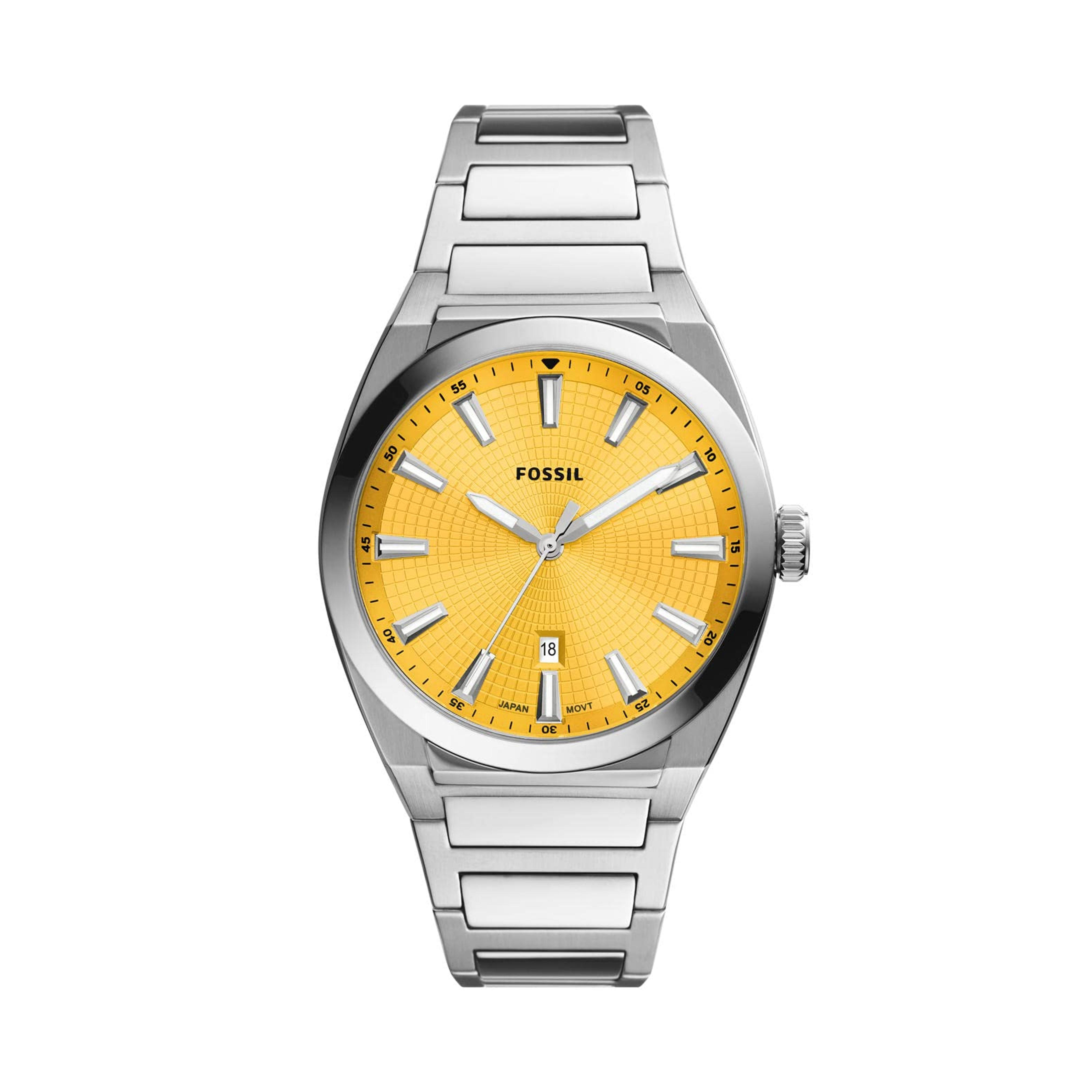 Amazon.com: Fossil Men's Everett Quartz Stainless Steel Three-Hand Watch, Color: Silver/Yellow (Model: FS5985) : Clothing, Shoes & Jewelry