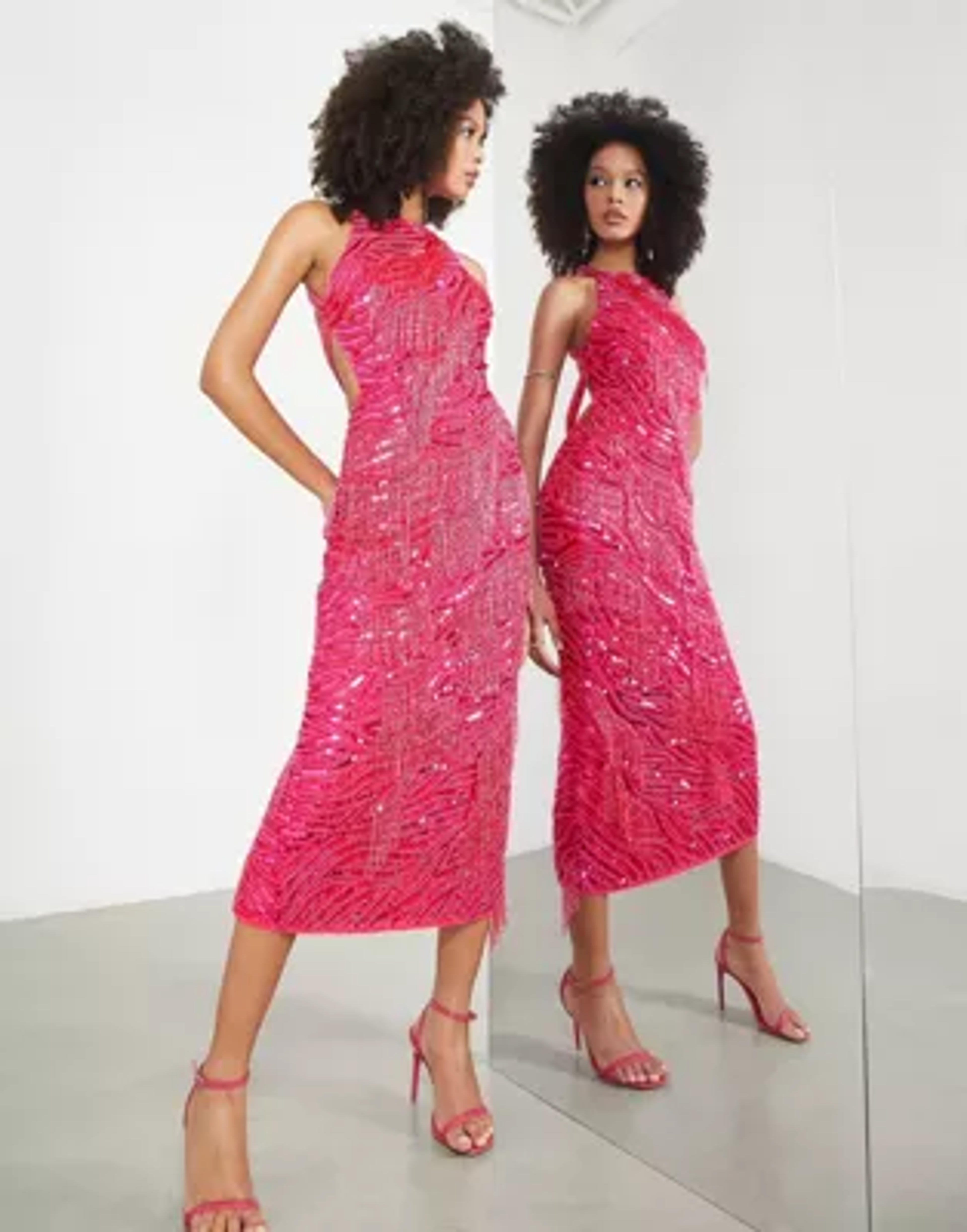 ASOS EDITION pearl and fringe halter midi dress in hot pink | ASOS