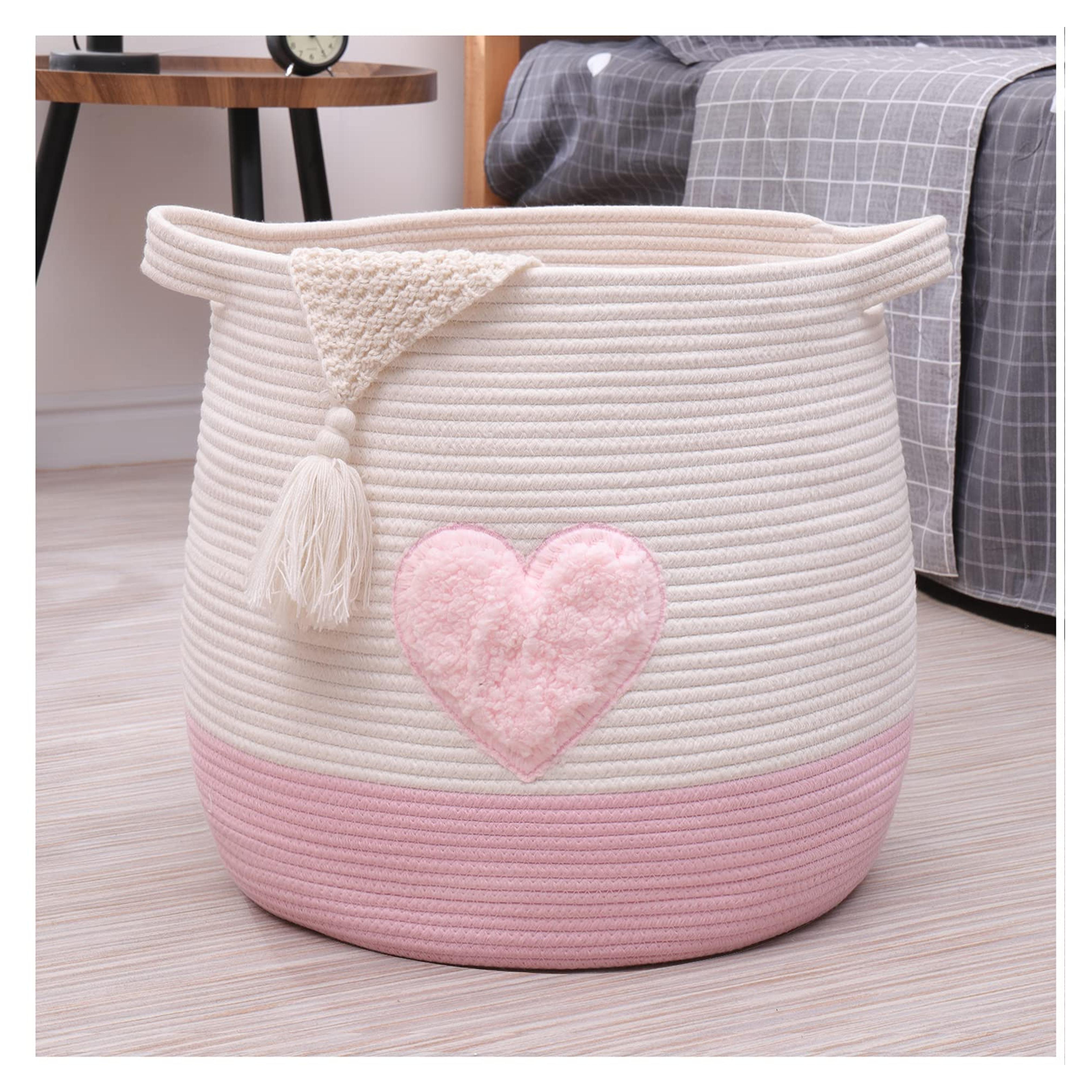 childishness ndup Large Cotton Rope Basket, Woven Storage Basket for Toy, Laundry and Blanket Organizer Basket, Round Hamper Basket with Handles for Kid's Room 17.7"x16.9" (Pink Heart)