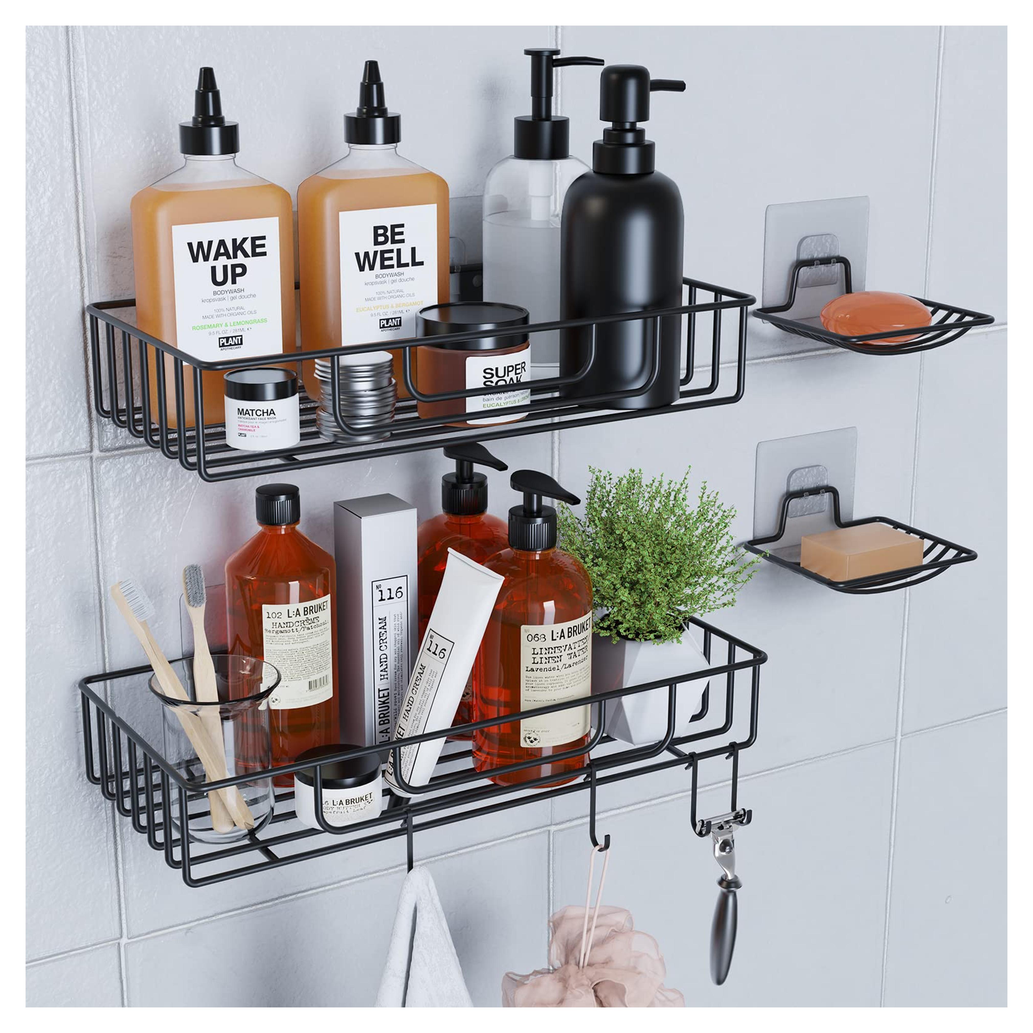 Shower Caddy Organizer Shelf 2 Pack with 2 Soap Holders, Adhesive Wall Mount Shower Basket Shelves with Hooks, No Drilling, Rustproof 304 Stainless Steel Storage Rack for Bathroom Kitchen, Black