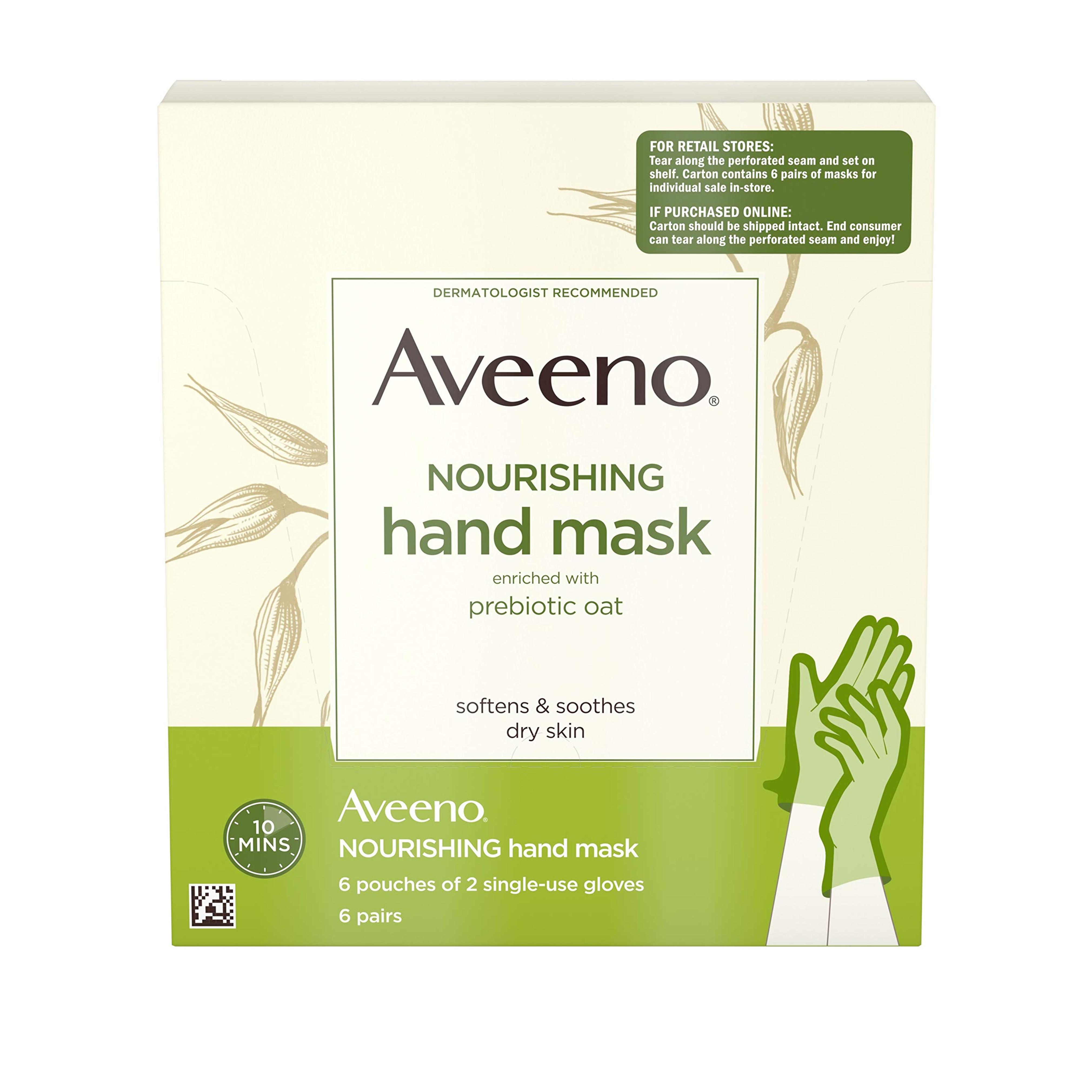 Aveeno Nourishing Hand Therapy Mask Moisturizing formula with Prebiotic Oat for Dry Skin, Fragrance-Free and Paraben-Free, 6 Pairs of Single-use Gloves