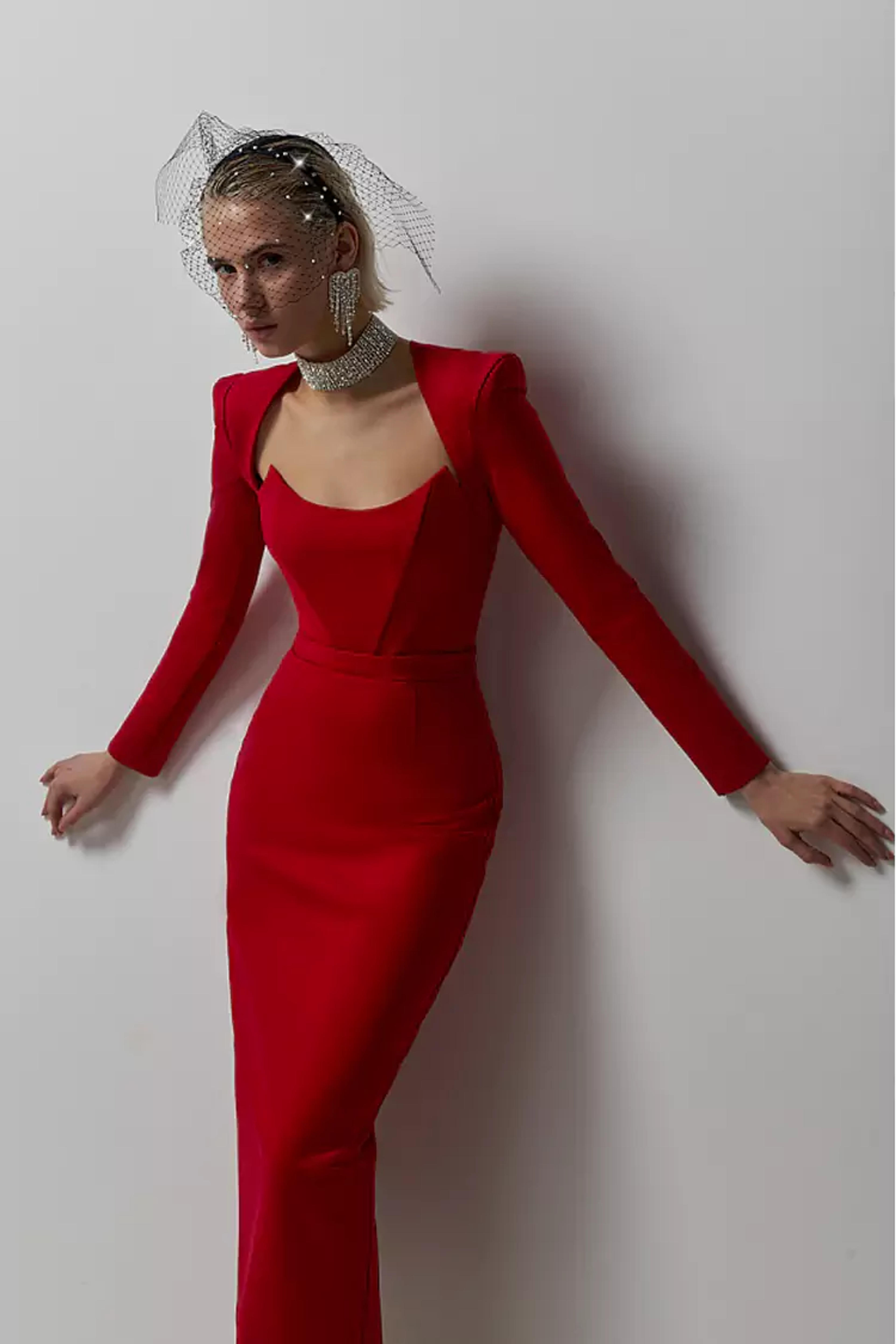 Alaina Red Long Sleeve Midi Work Dress