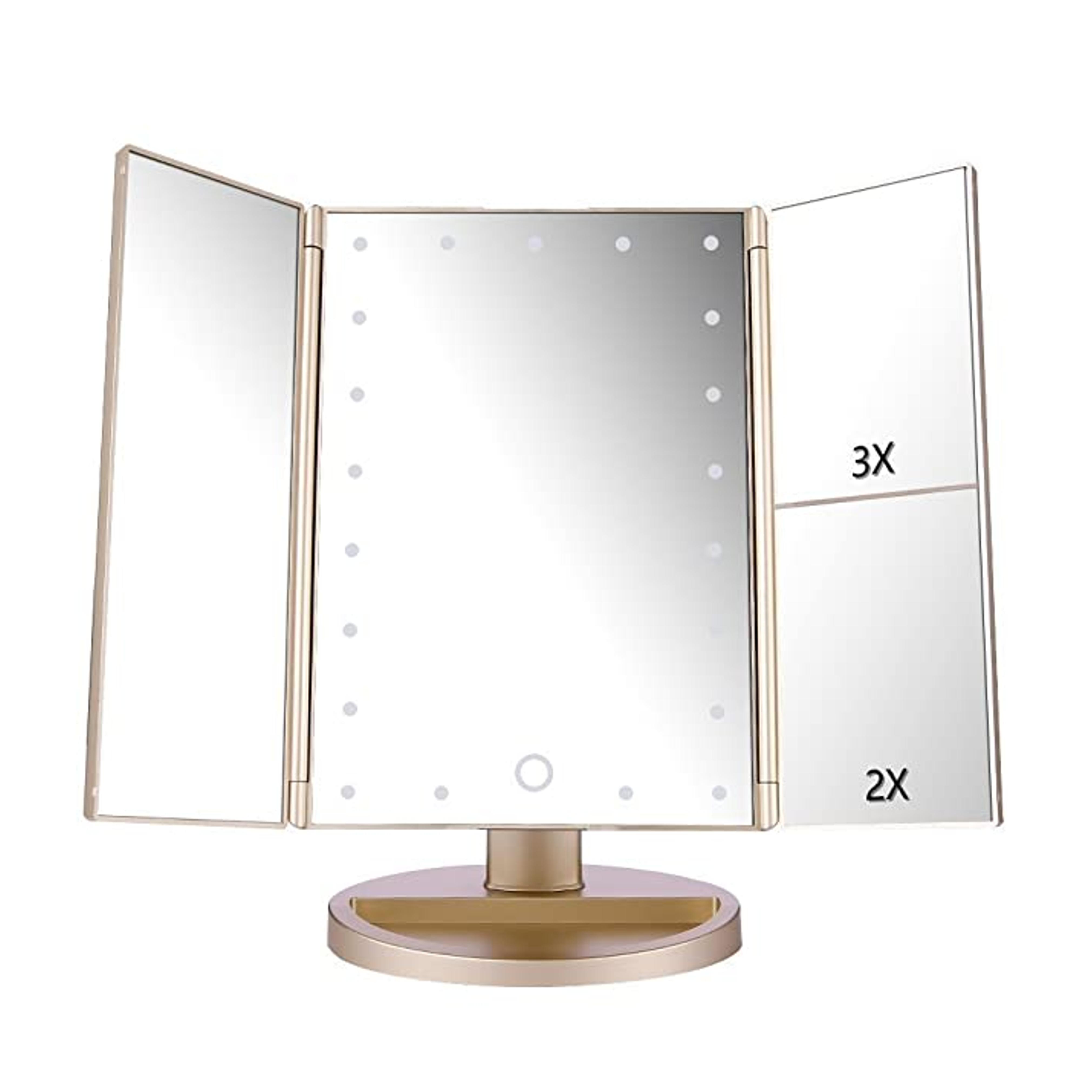 Amazon.com: deweisn Tri-Fold Lighted Vanity Mirror with 21 LED Lights, Touch Screen and 3X/2X/1X Magnification, Two Power Supply Modes Make Up Mirror,Travel Mirror : Beauty & Personal Care