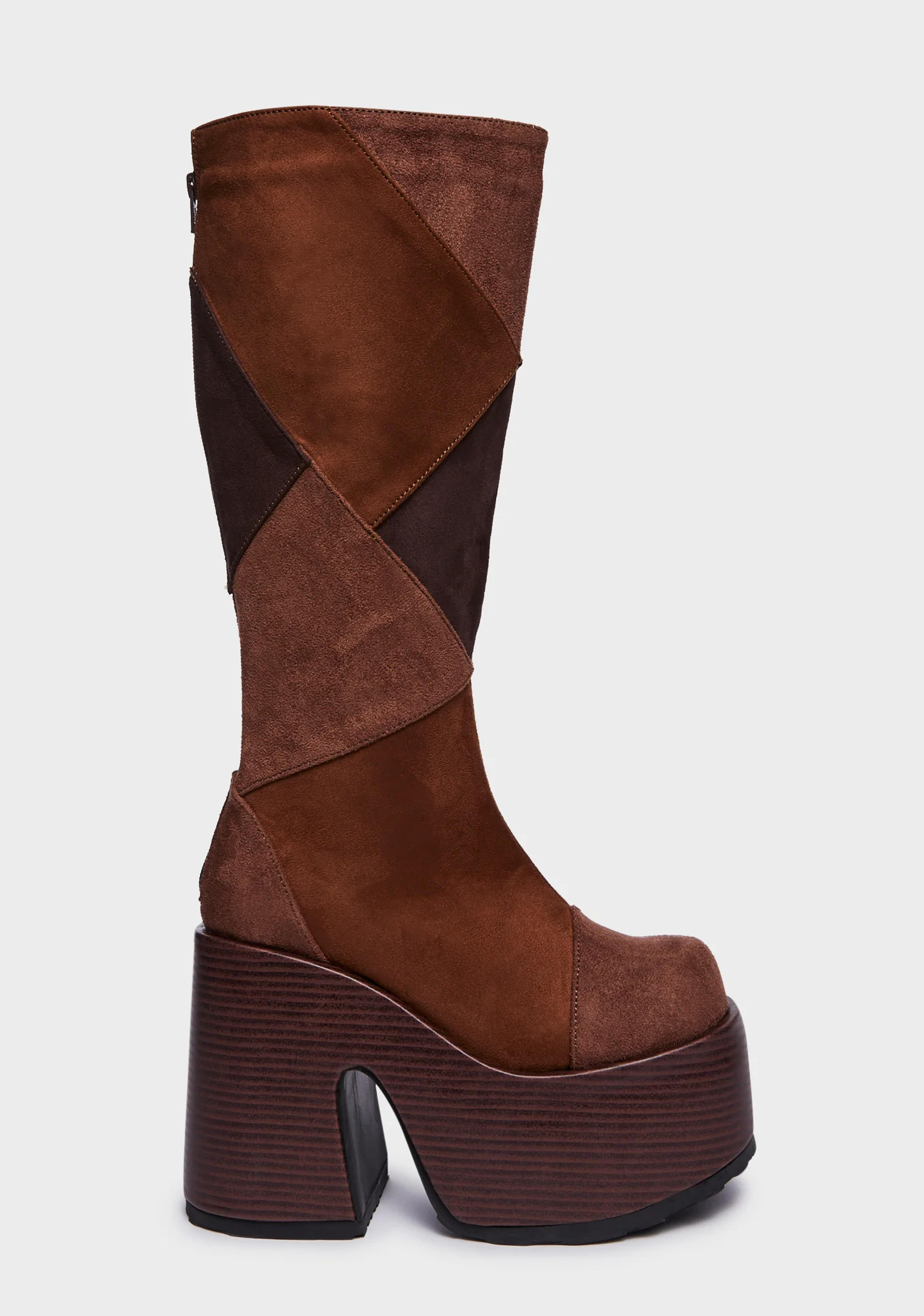 Demonia Patchwork Knee High Platform Boots - Brown – Dolls Kill