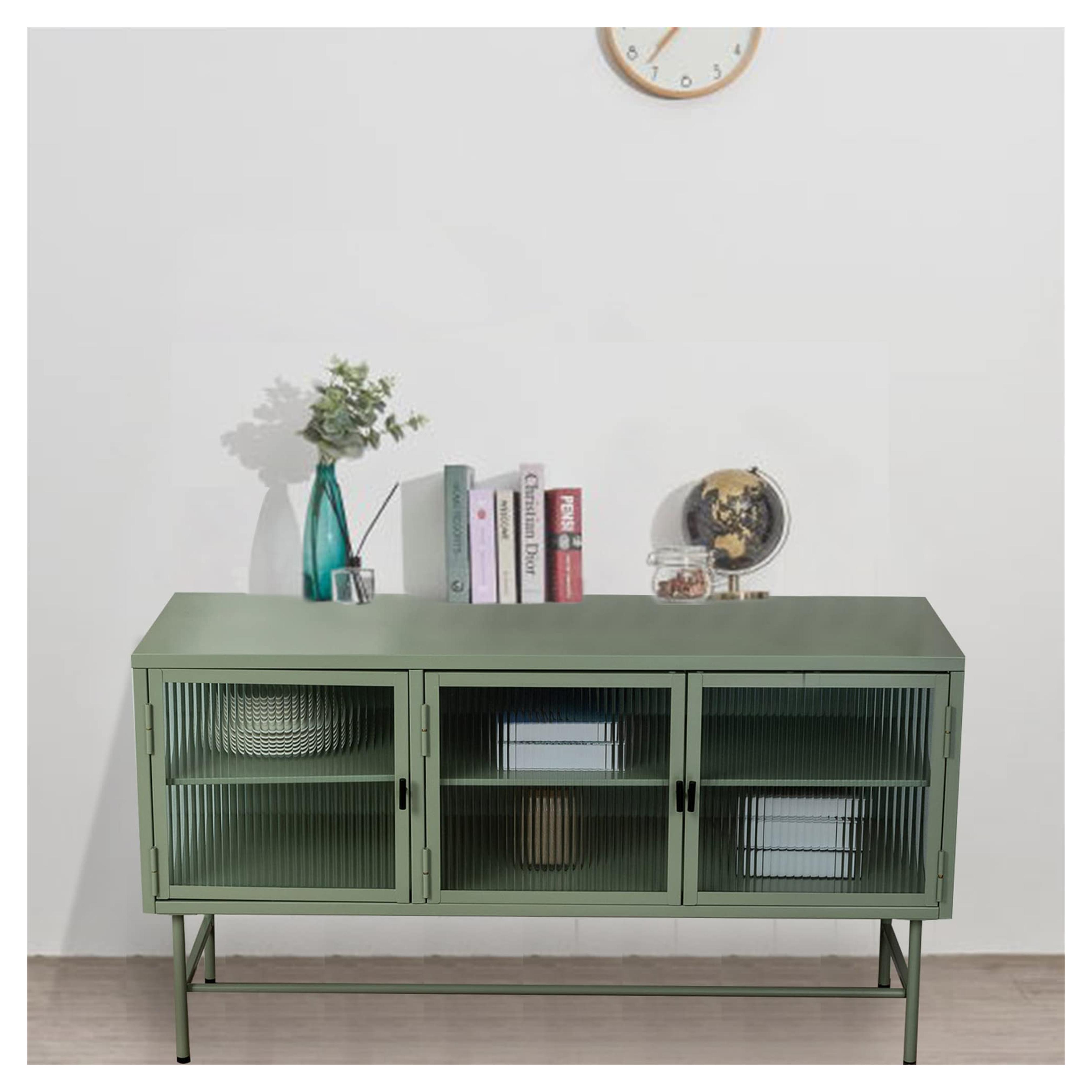 TV Stand with Reeded Glass,for TV up to 55 Inches with Tubular Legs,Wide Countertop 3 Drawers Enclosed Dust-Free Storage Entertainment Center Ample Storage (Light Green)