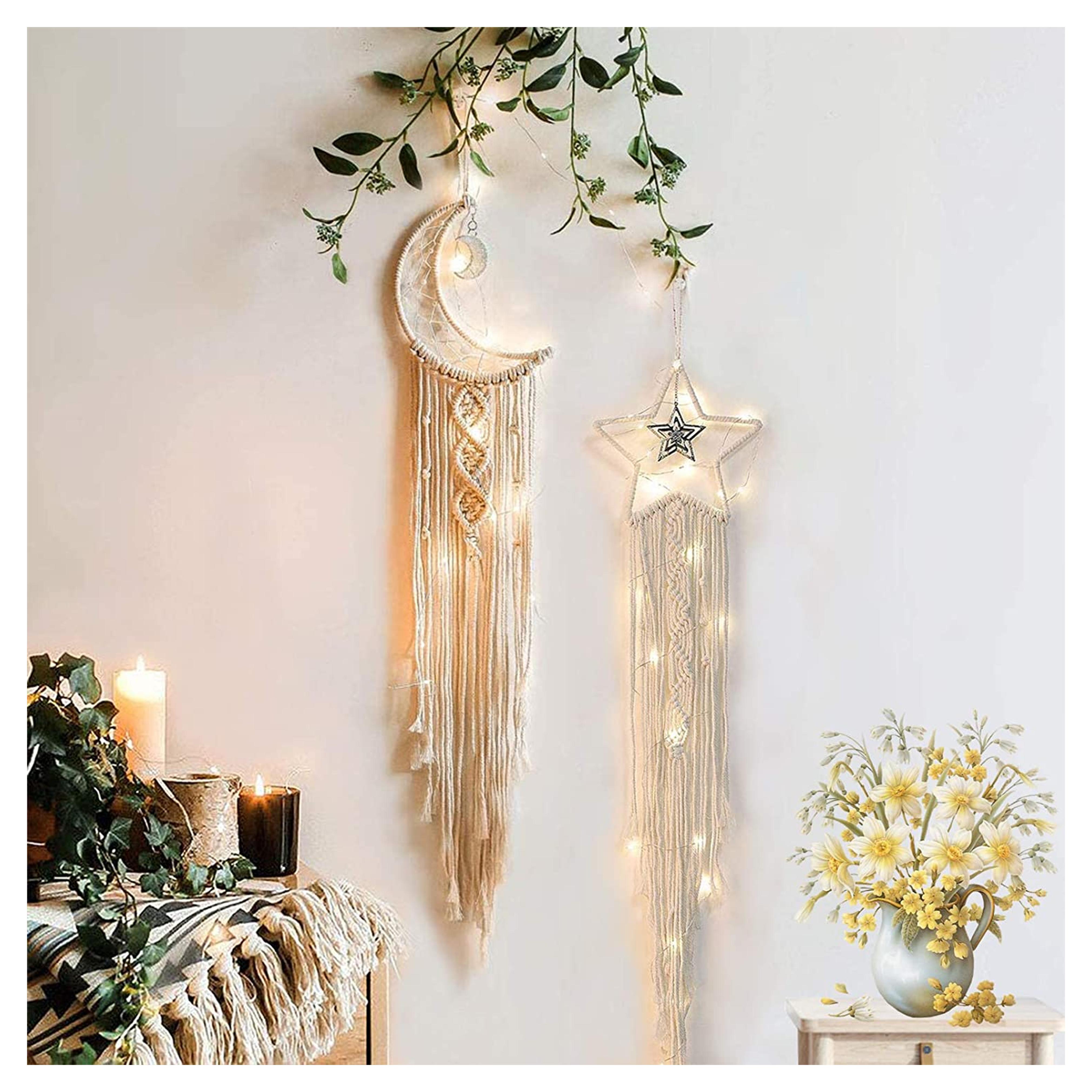 Moon Star Dream Catcher Decor,2pcs Boho Home Moon Star Dreamcatcher,Macrame Wall Hanging Boho Home Decor for Kids Baby Bedroom Living Room Decoration for Women Girls Craft Gifts