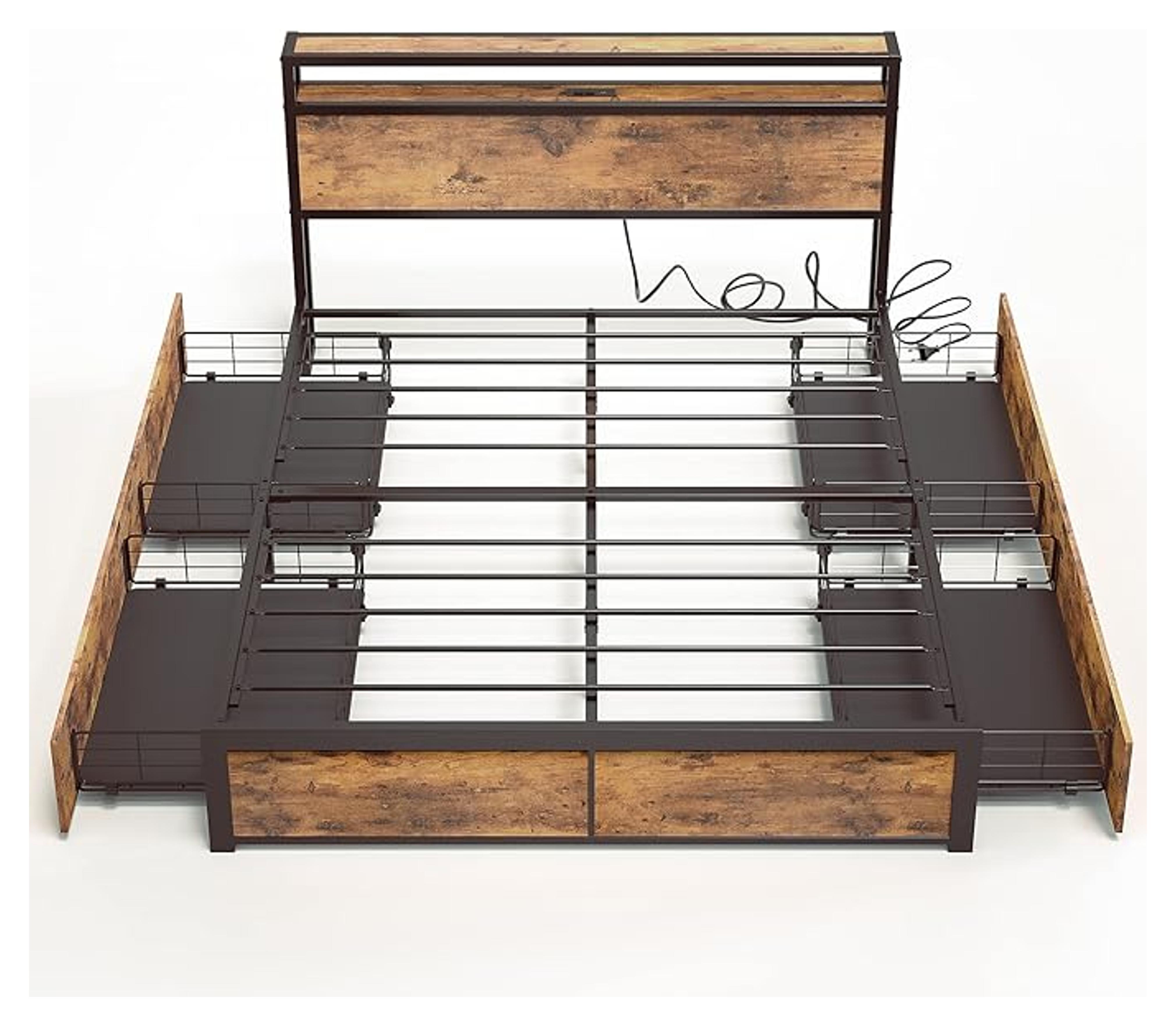 Amazon.com: LIKIMIO Full Size Bed Frame with Storage, 2-Tier Storage Headboard with Charging Station and 4 Drawers, No Box Spring Needed, Easy Assembly, Vintage Brown : Home & Kitchen