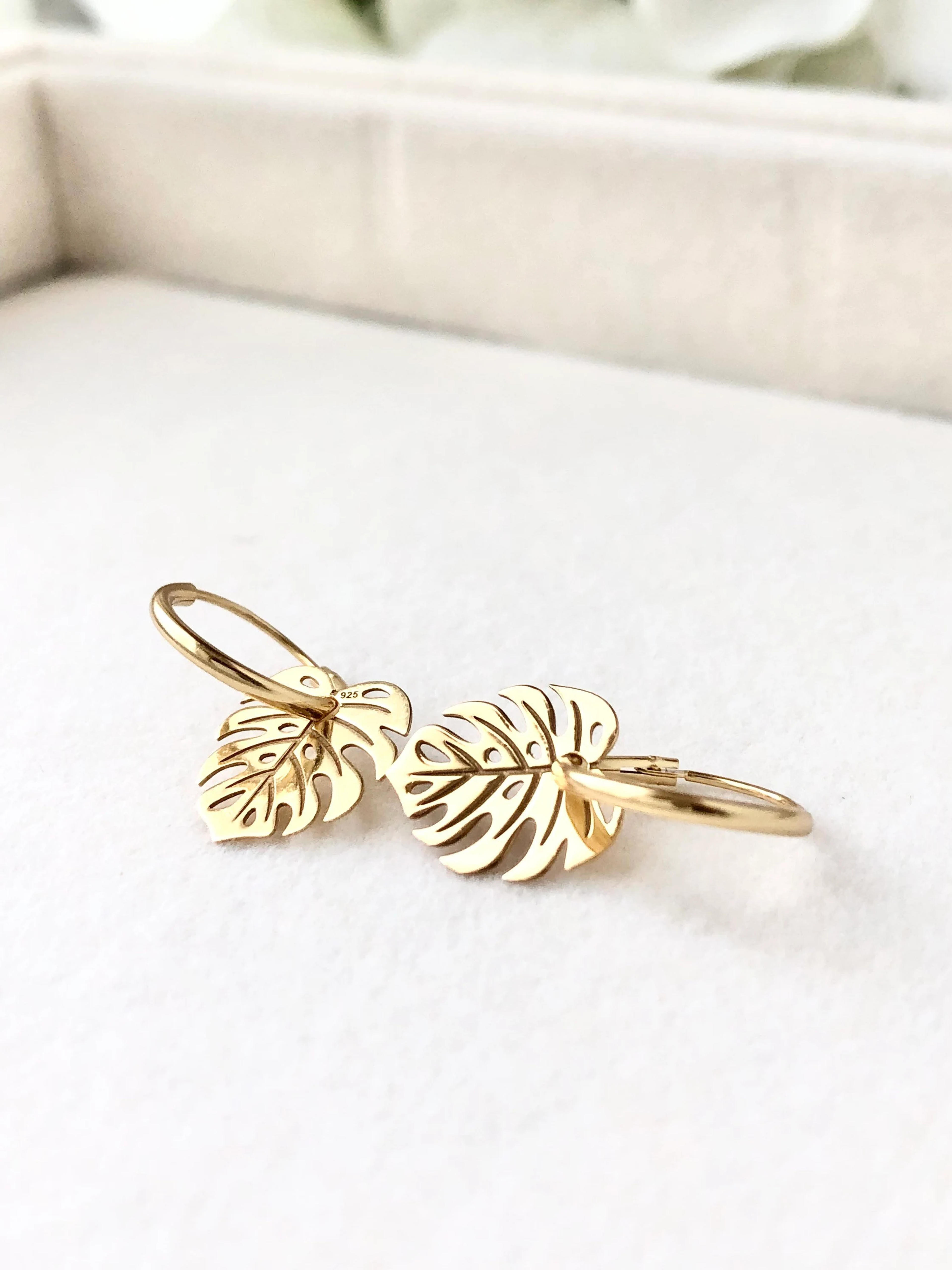 Monstera Leaf Earrings, Tropics Earrings, Gold Hoop Earrings, Gold Dangle Earrings, Monstera Lover, Plant Earrings, Summer Boho Earrings